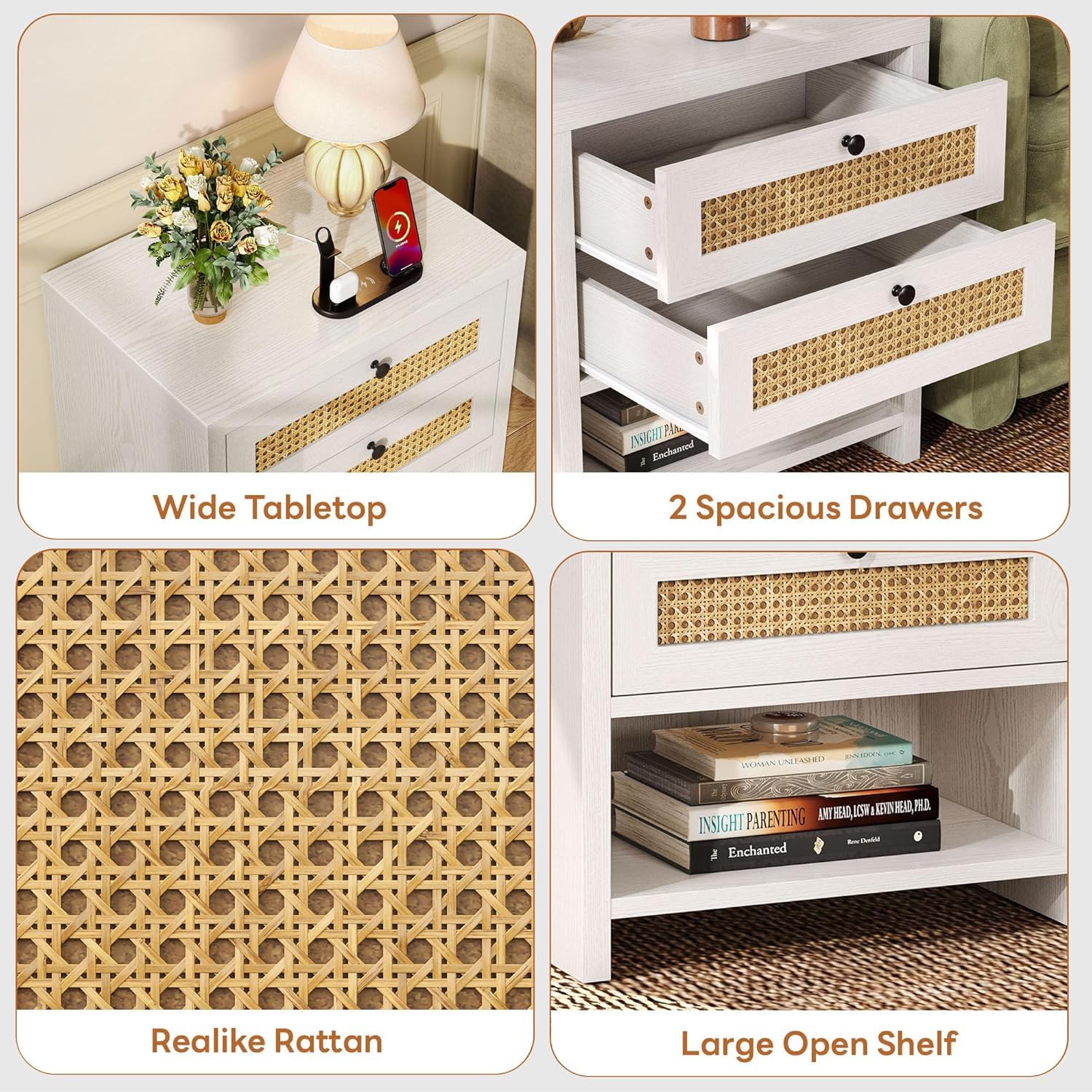 LIKIMIO Rattan Nightstand, 23inch Large White Nightstands Set of 2 with 2 Drawers and Charging Station, Boho Night Stand with Open Shelf for Bedroom, White Oak