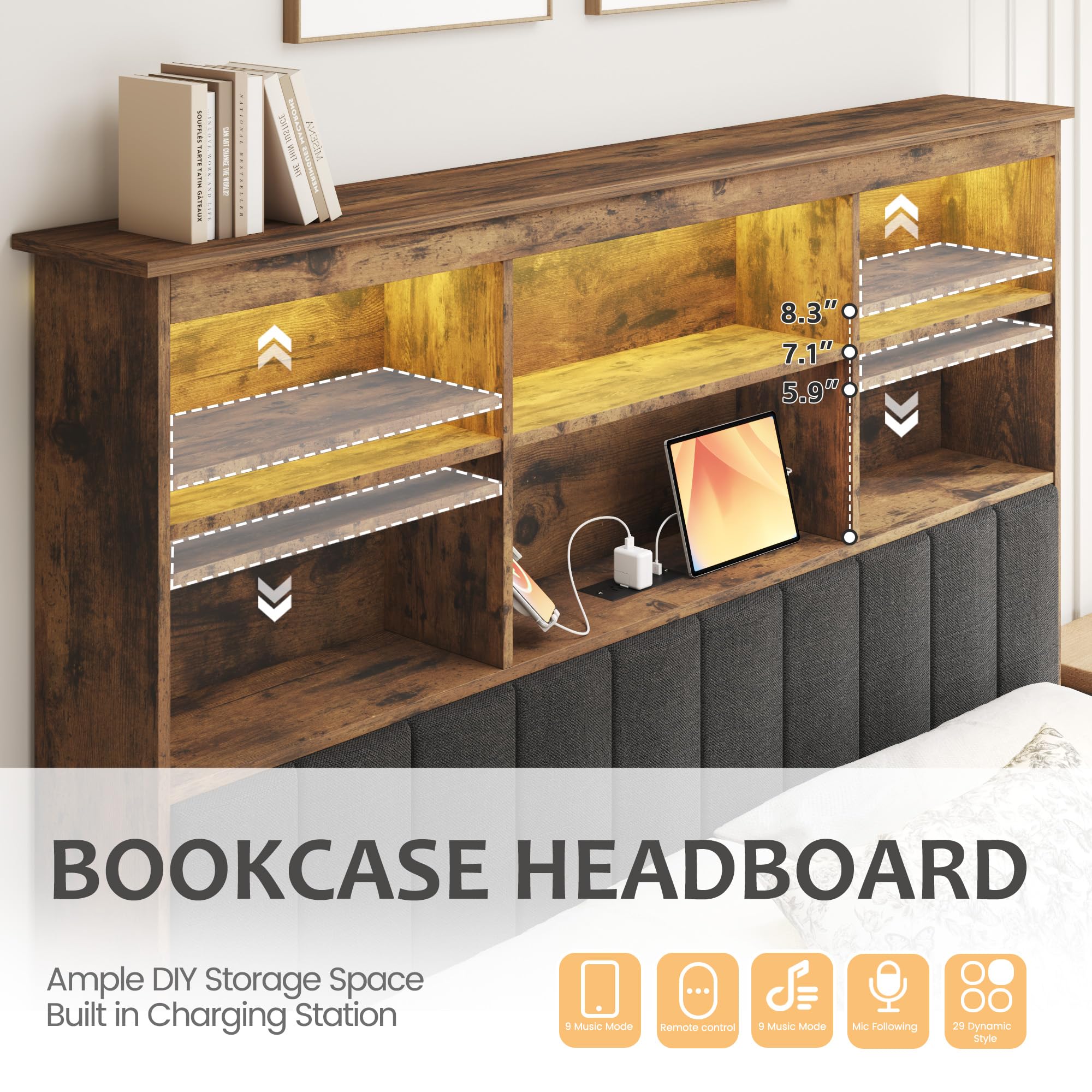 HISOFT Full Bed Frame with Headboard, Wood Bed Frame with High Storage Bookcase, 4 Storage Drawers & LED & Charging Station,No Box Spring Needed/Noise Free/All-Metal Support, Vintage Brown