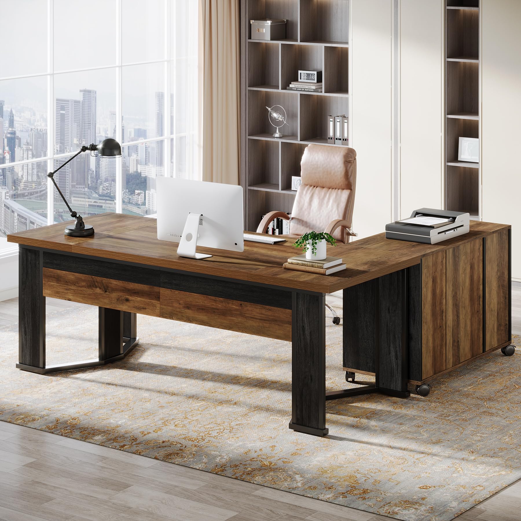 L-Shaped Executive Desk with File Cabinet