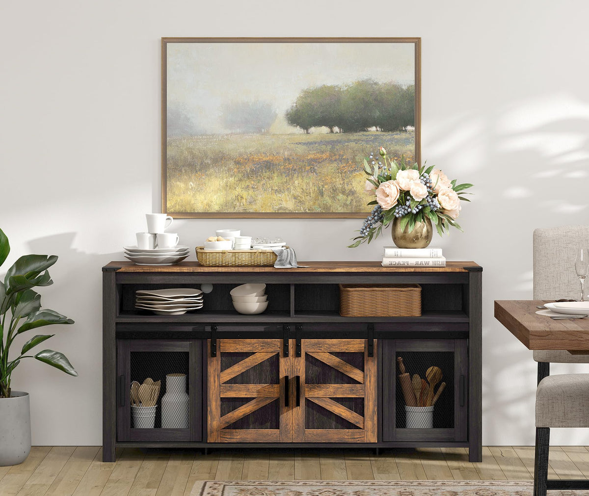 WAMPAT Farmhouse Coffee Bar Cabinets, Antique Brown and Black