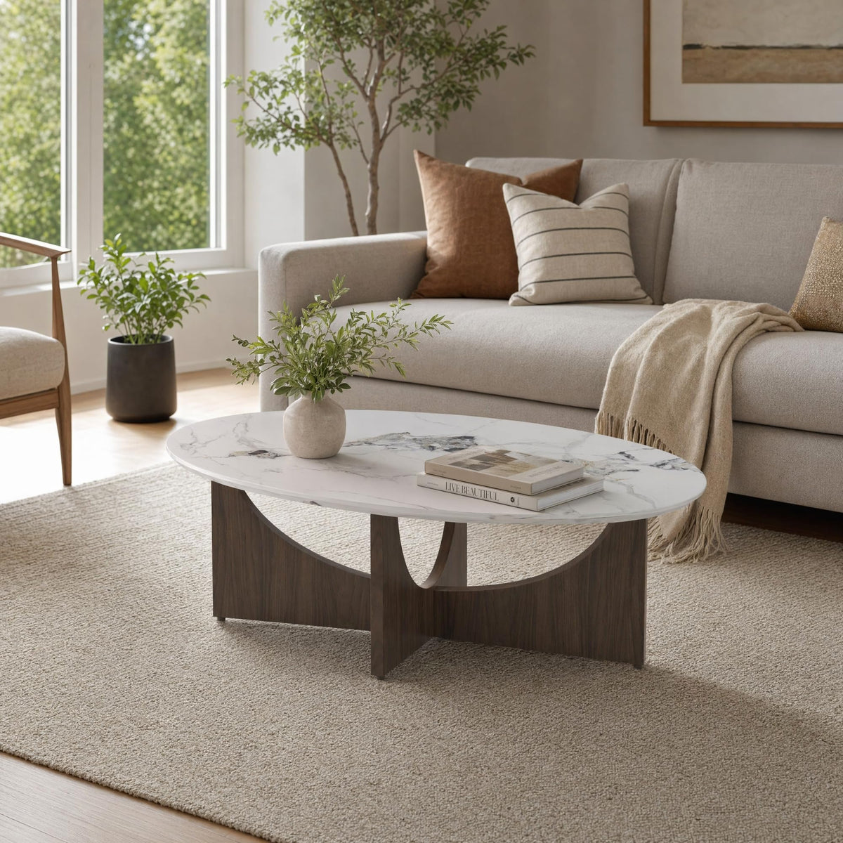 Oval Marble-Look Coffee Table