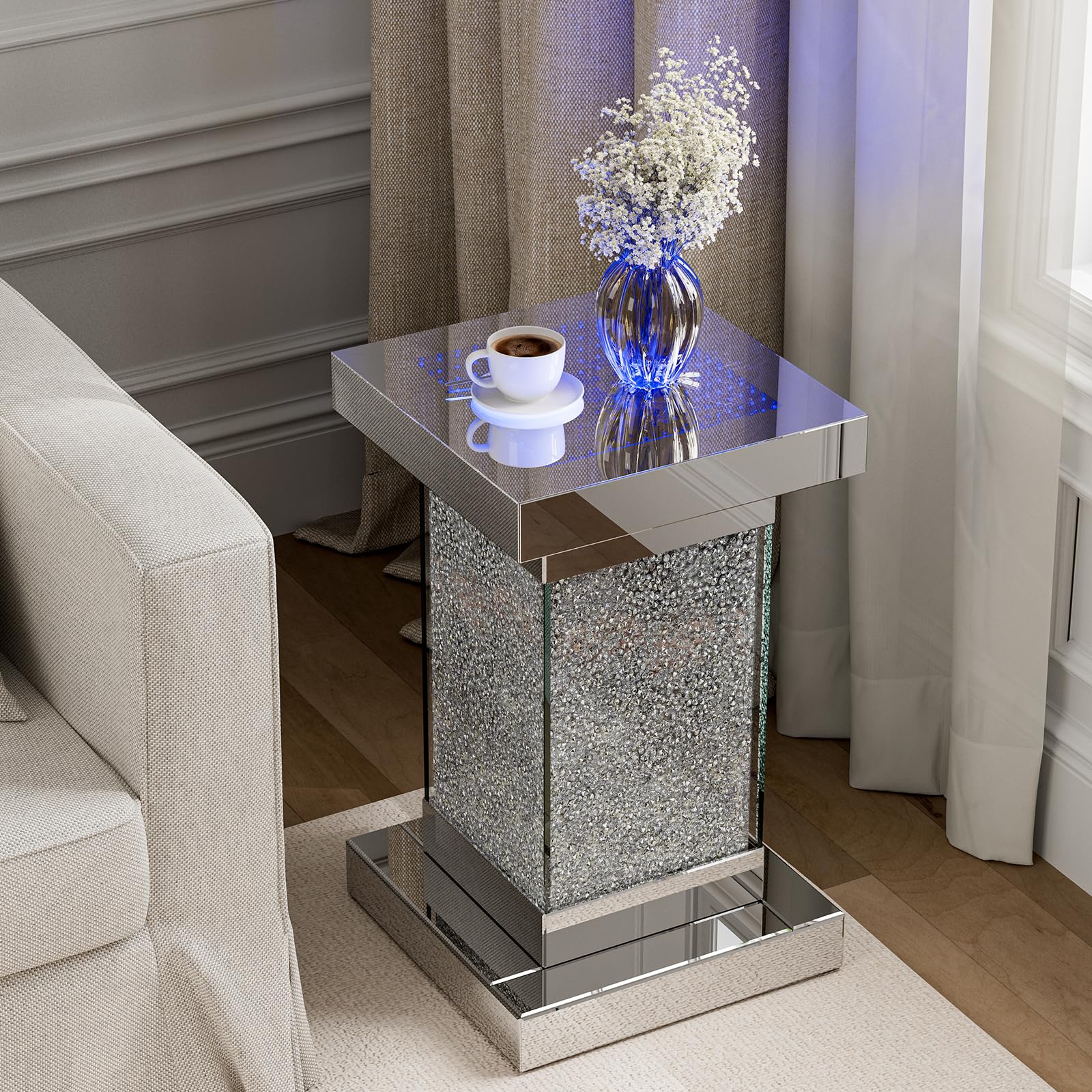 KZNGK Mirrored End Table Nightstand with LED Light, Modern LED Side Table with Crystal Diamond Inlay, Remote Control, 8 Colors Changing Light