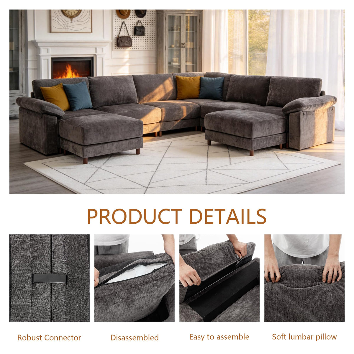141'' Oversized L Shaped Modular Cloud Sectional Sofa, Deep Seat Sofa, Grey