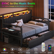 Jocoevol Twin Corner Bed Frame with Storage Drawers and LED Light, Heavy Duty Metal Daybed with Upholstered Storage Headboard & Charging Station, Twin Size Day Bed for Kids Teens Guests, Black