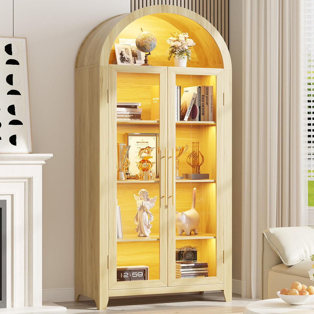 Vlsrka 71" Arched Storage Cabinet with Glass Doors and LED Lights, Wood