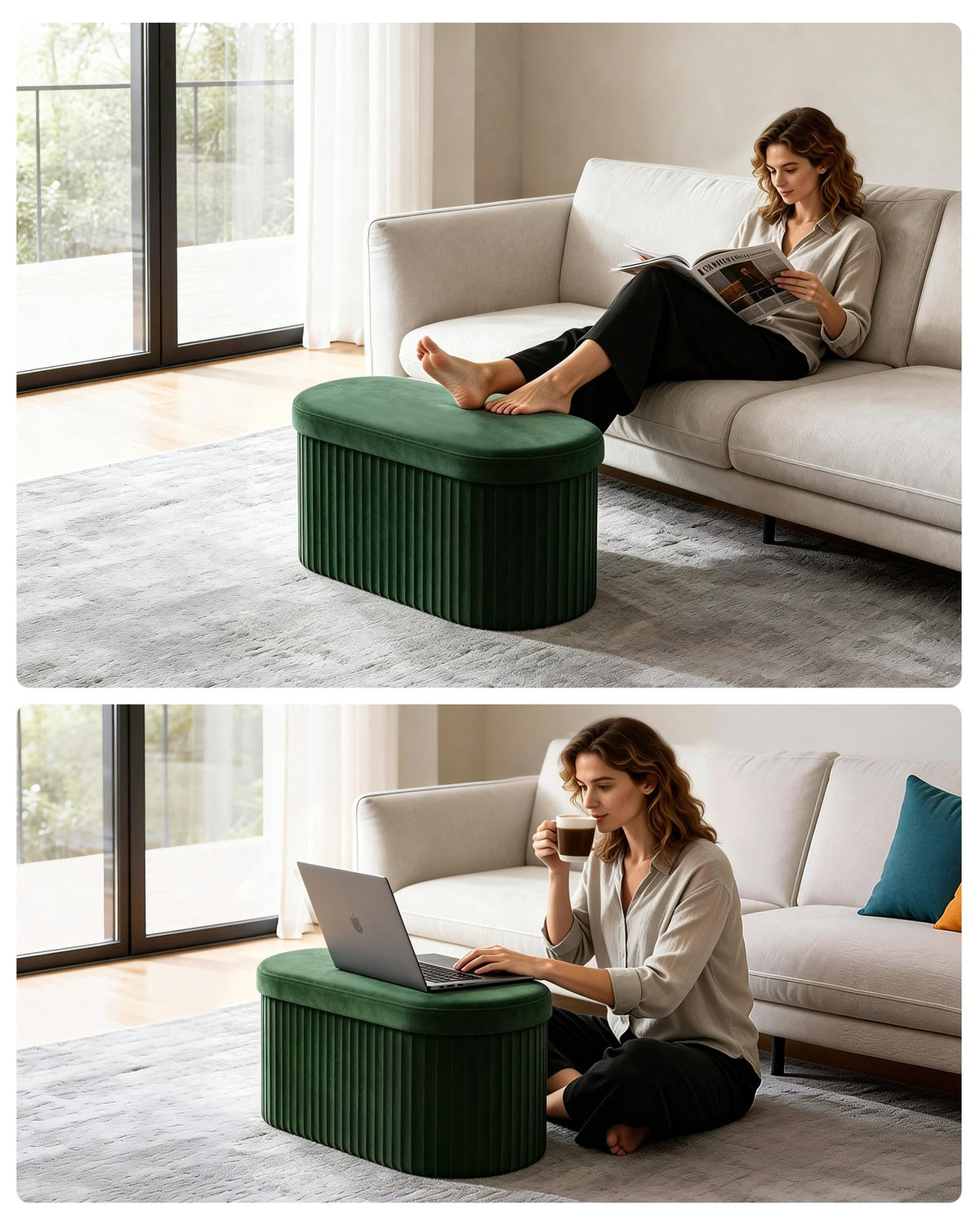 GLAXYFUR Folding Ottoman with Storage, Oval Velvet Storage Bench, Green