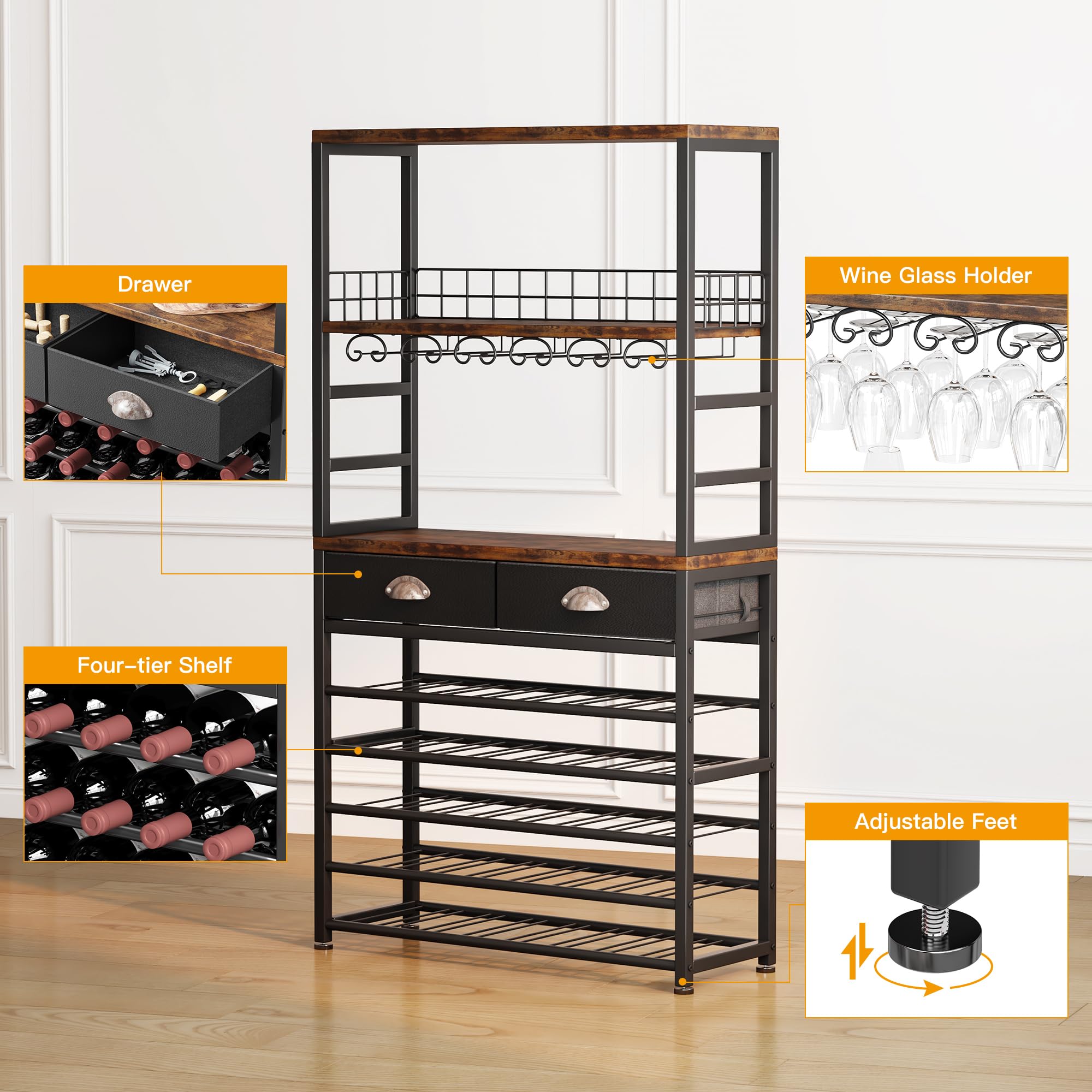 Homeiju Wine Cabinet with Storage, Wine Rack Freestanding Floor, 6-Tier with Tabletop, Drawer and Wine Storage for Home Bars