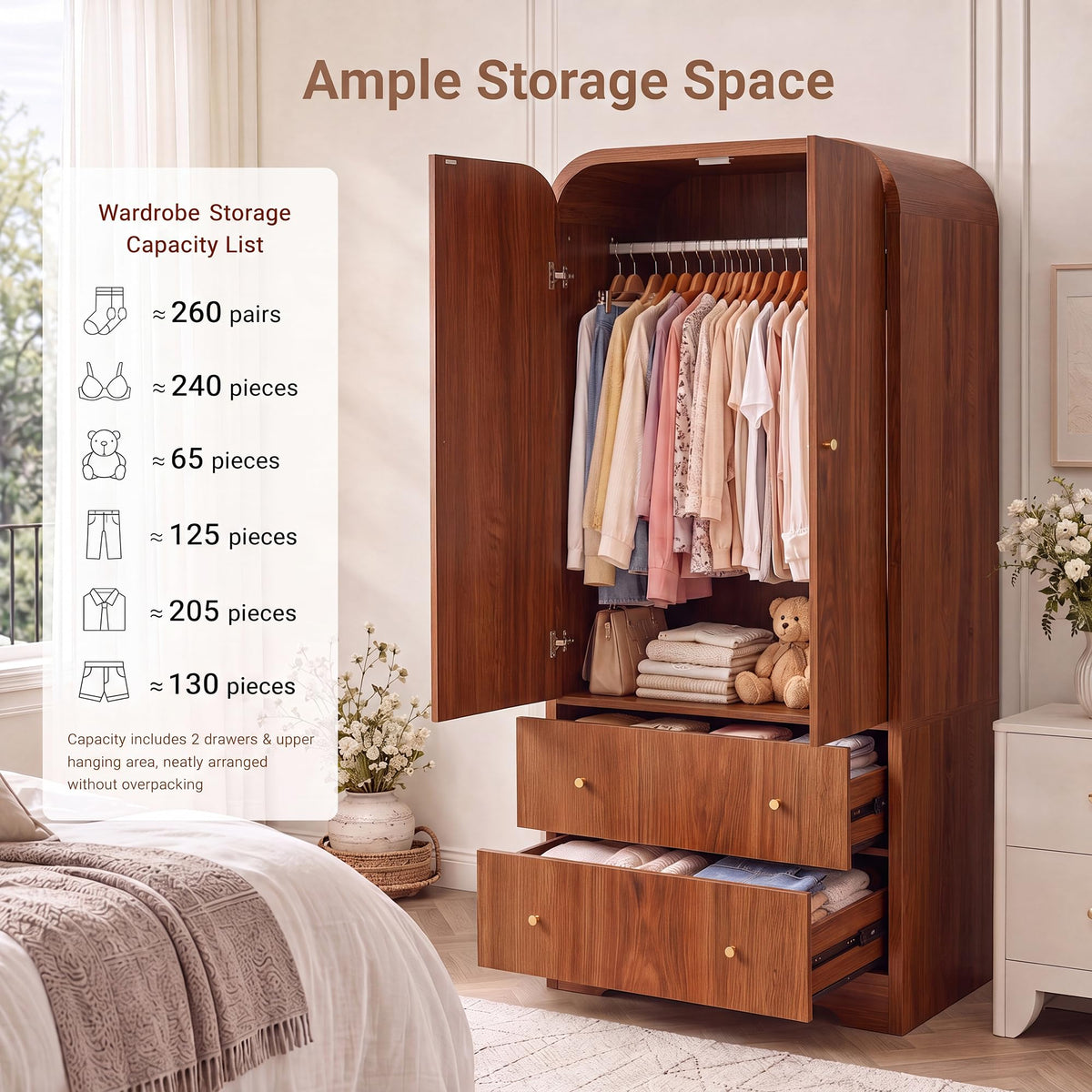 Seang Arched Armoire Wardrobe Closet,70" Wooden Wardrobe Cabinet with 2 Drawers,Hanging Rod,2 Doors Clothing Storage Cabinet for Bedroom,Gym,Cloak Room,Walnut