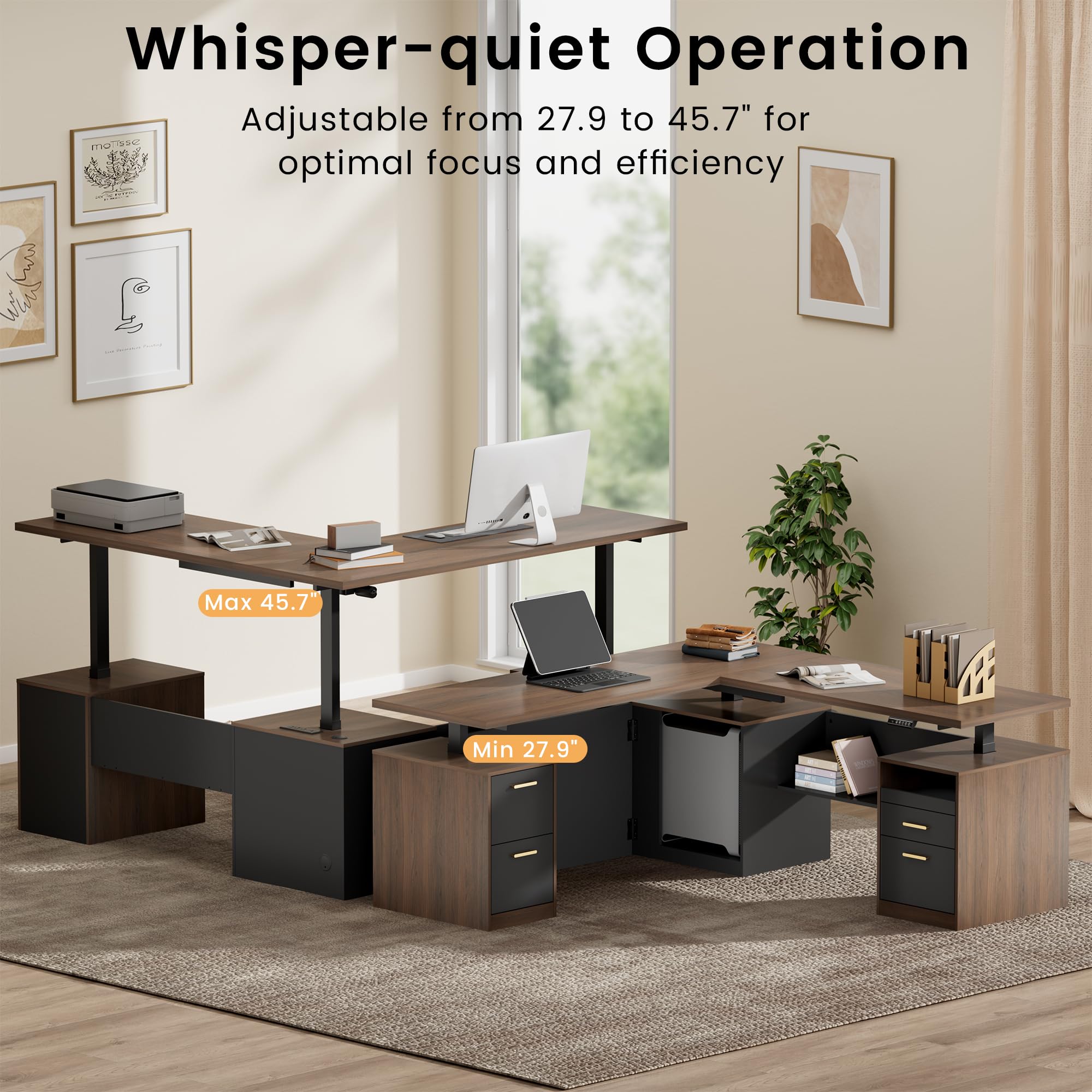 L-Shaped Electric Standing Desk with Drawers & Privacy Panel