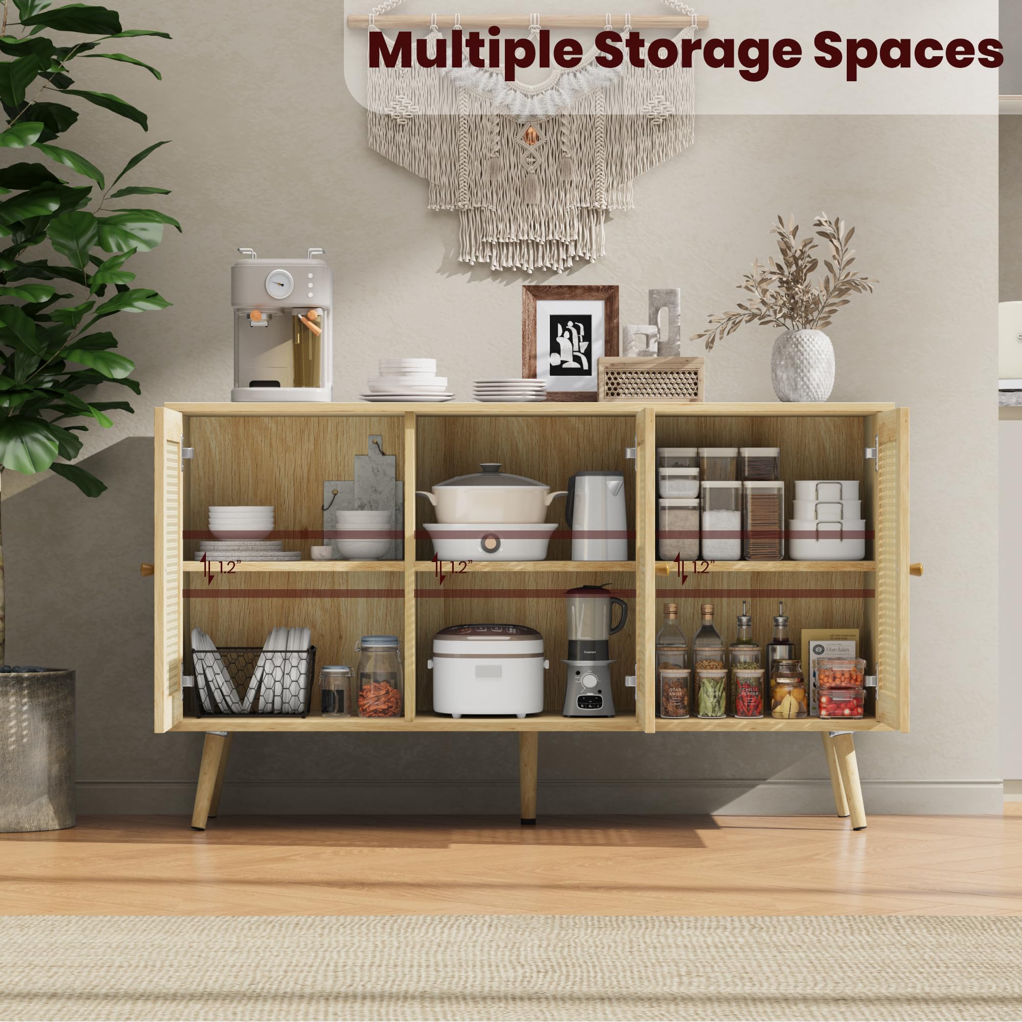 IDEALHOUSE Living Room Table Sets of 2, Includes 47" Rattan TV Stand Storage Cabinet for 55" TV, Farmhouse Coffee Table with Storage Shelf for Bedroom