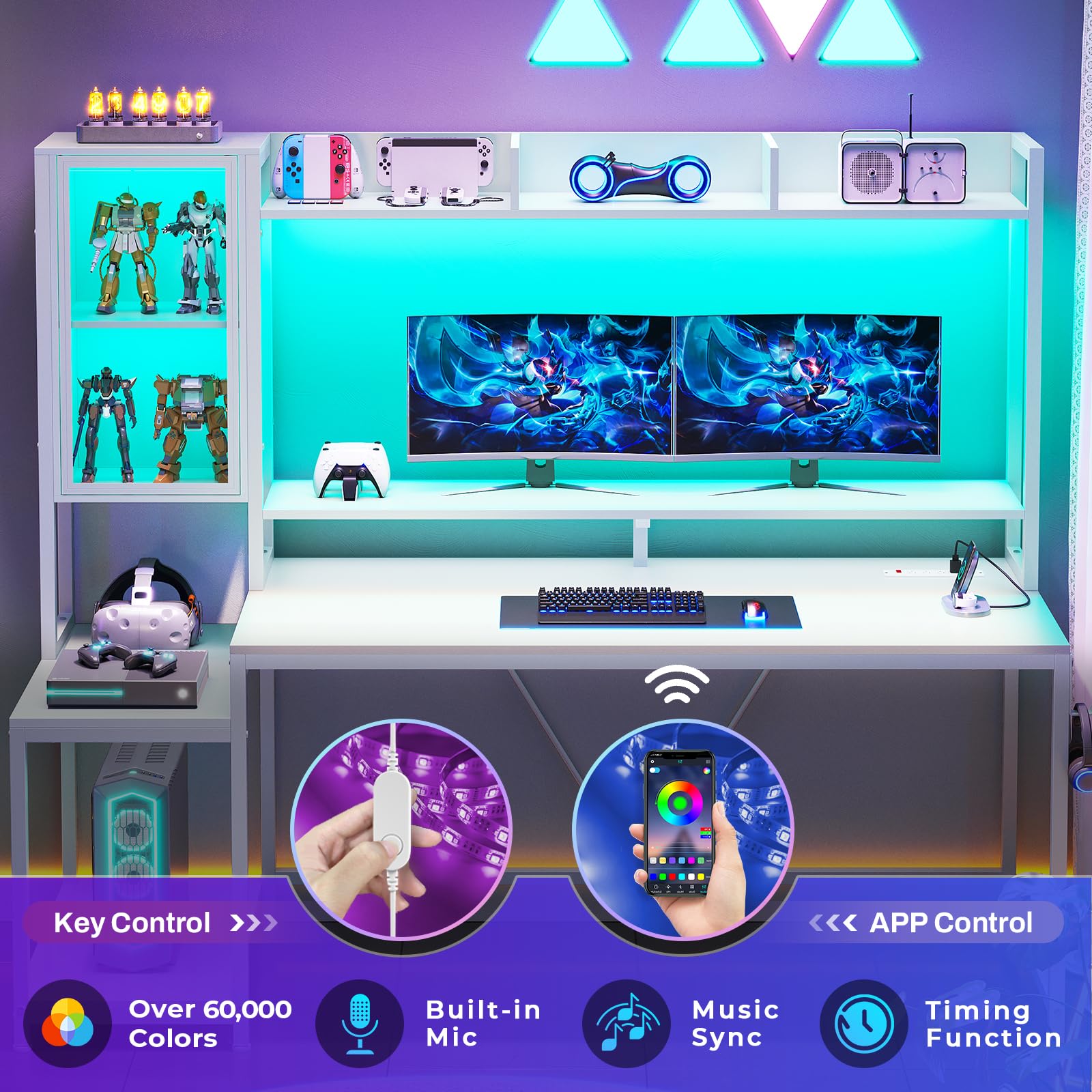 60-Inch Gaming Desk with Hutch & LED Lights