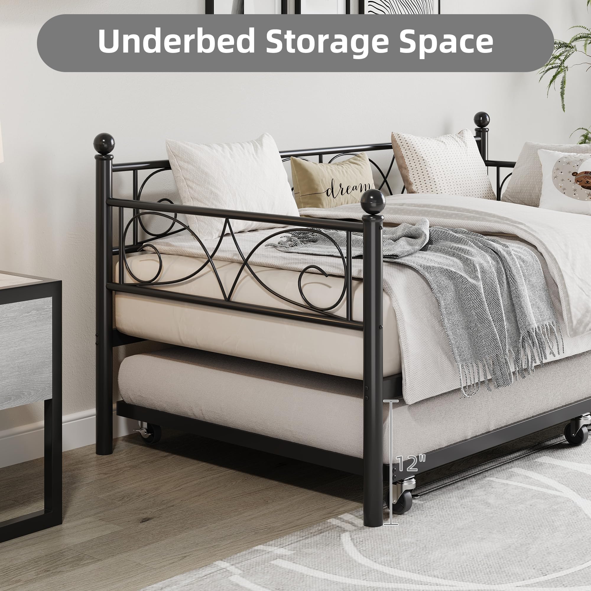 GarveeHome Daybed with Trundle Bed, Twin Size Day Bed with Floral Headboard, Metal Sofa Bed Frame with Pull-Out Trundle, Heavy Duty Steel Slats Supports, for Living Room, Guest Room, Black