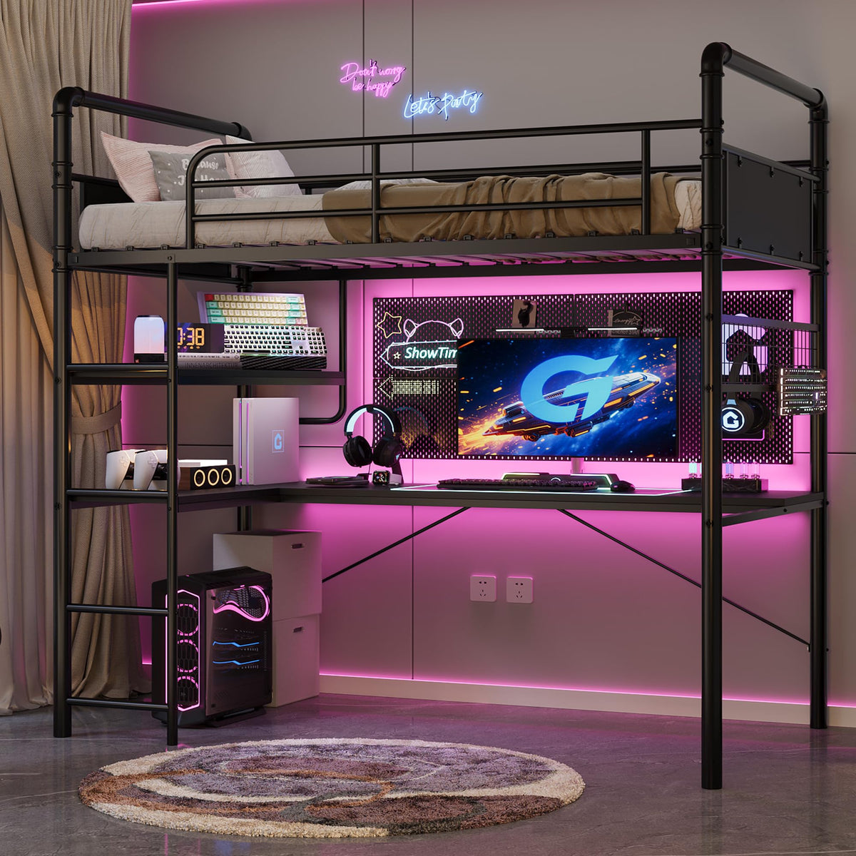 GarveeHome Loft Bunk Bed with L-Shaped Desk, Industrial Twin Loft Bed,Black