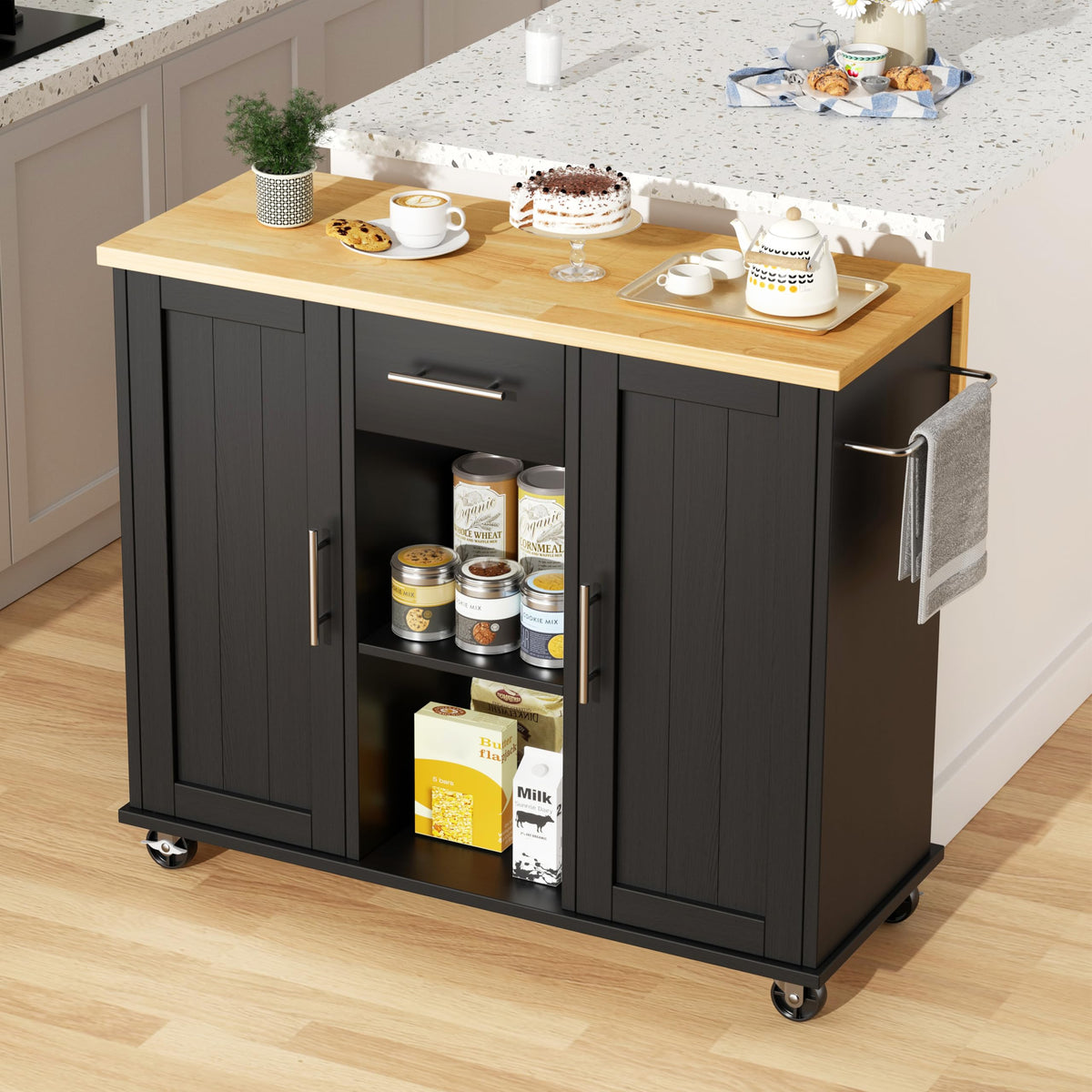 JY QAQA 42" Kitchen Island with Storage on Wheels, Rolling Table with Drop Leaf, Drawers, Cart Handle for Towel Rack or Free Movement, Black