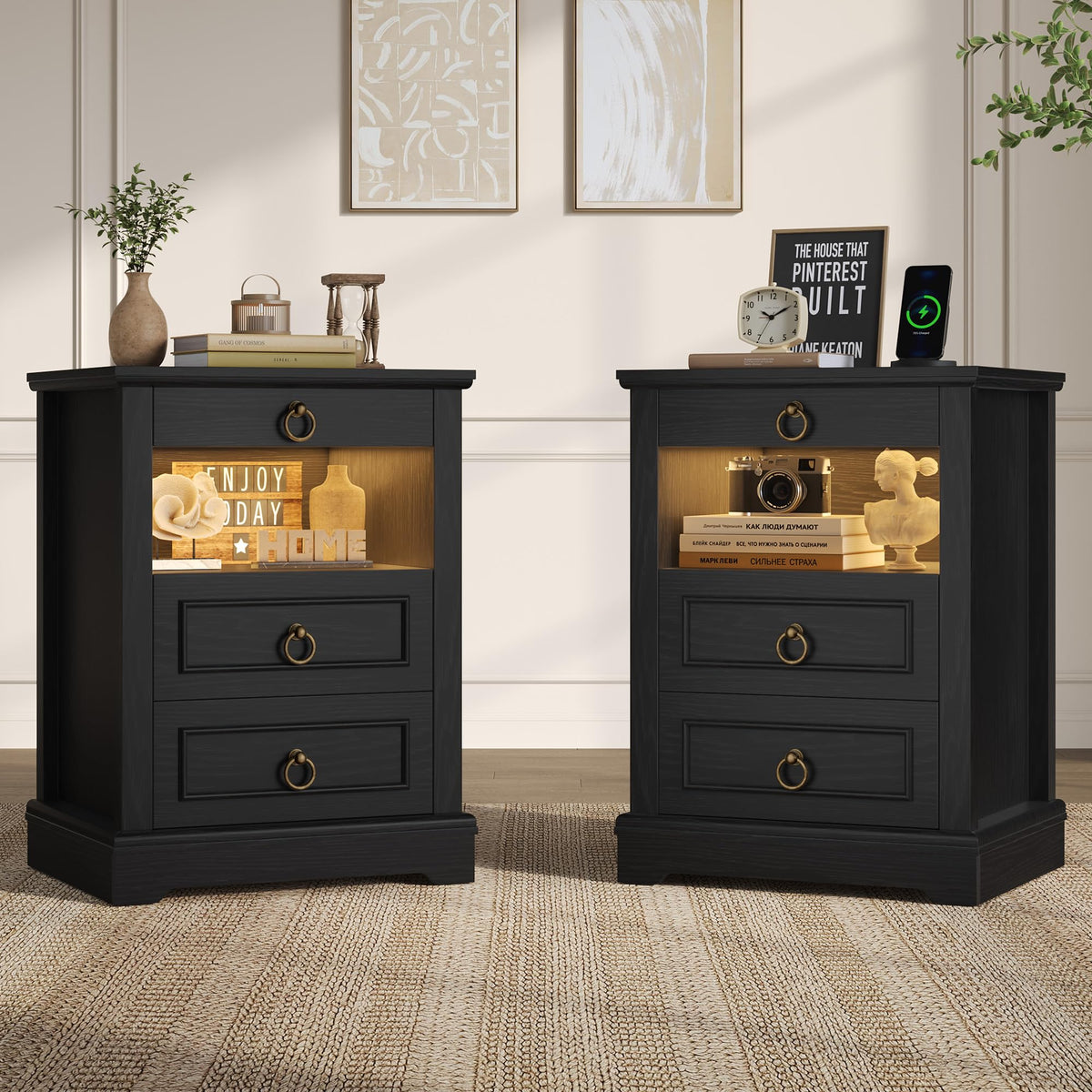 Black LED Nightstand Set of 2 with Charging Station