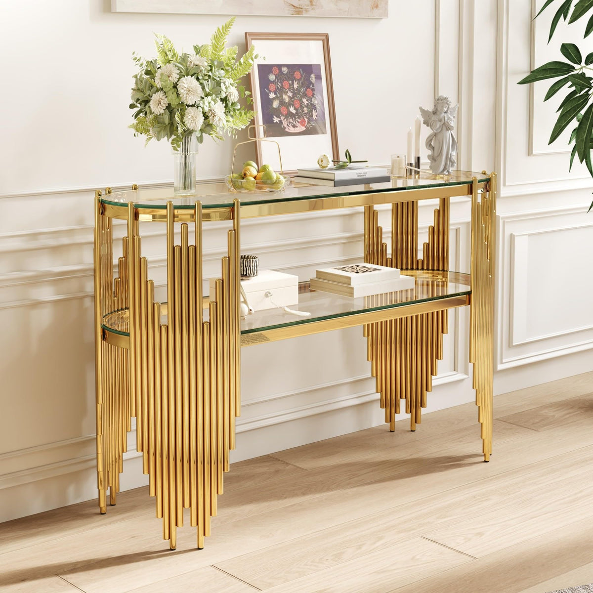 Gold Oval Glass Console Table
