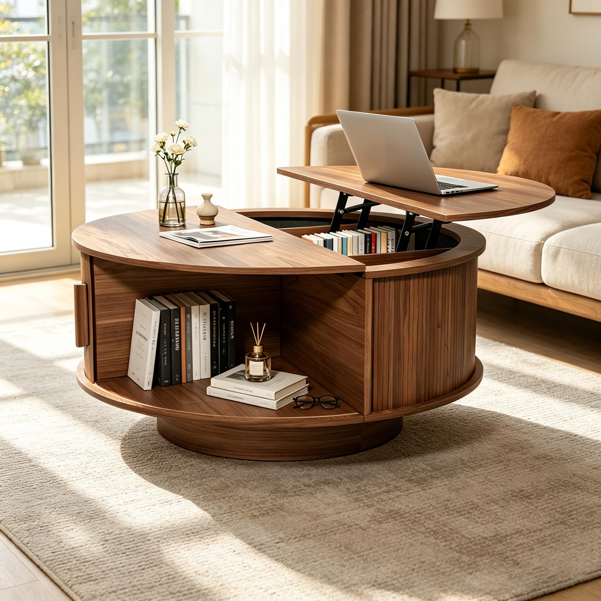 Round Lift Top Coffee Table, Mid Century Modern Fluted Circle Coffee Table with Hidden Storage Compartment, Wooden Center Table with Open Shelf for Living Room, Small Space, Walnut