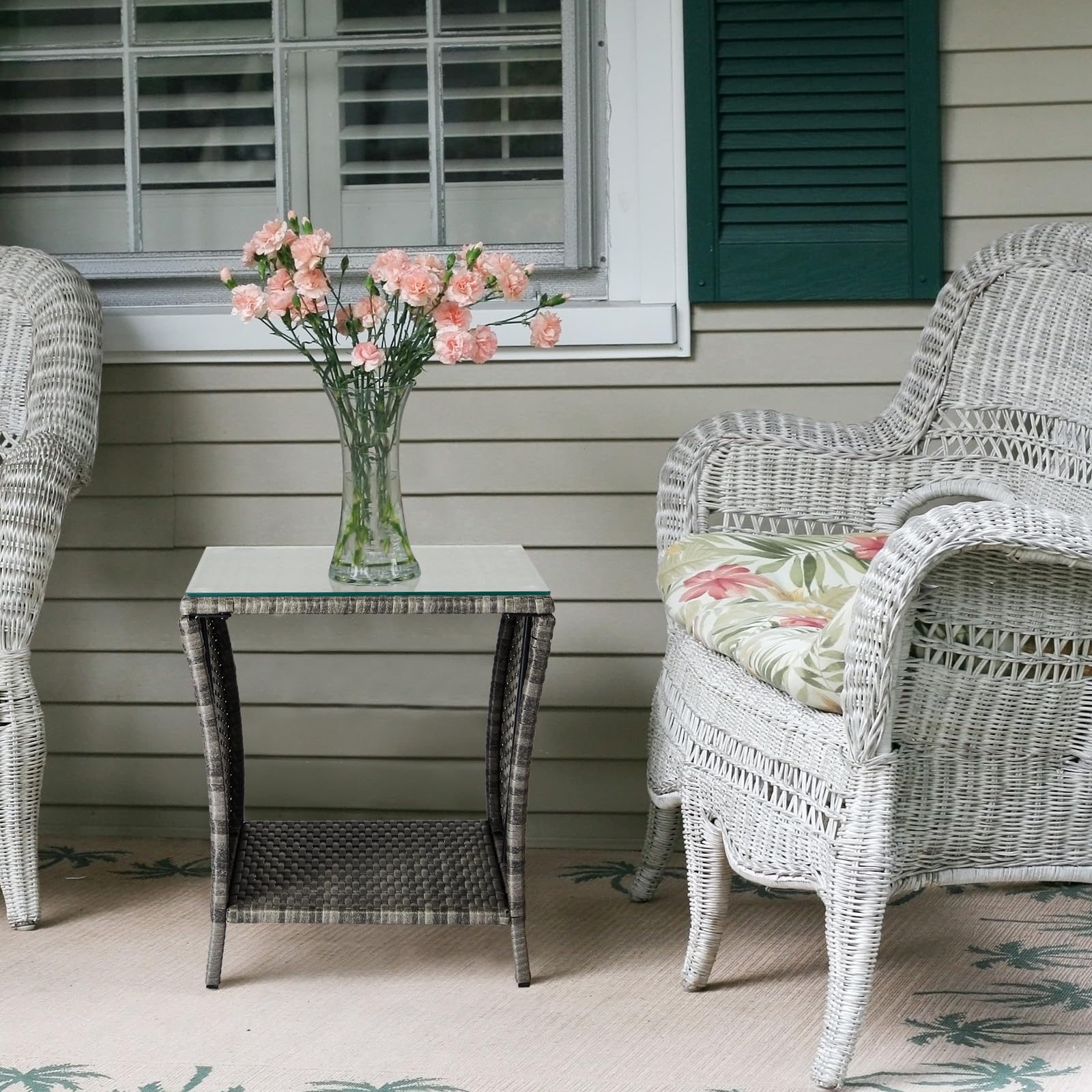 Wicker Outdoor Side Table with Tempered Glass Top & Storage Shelf