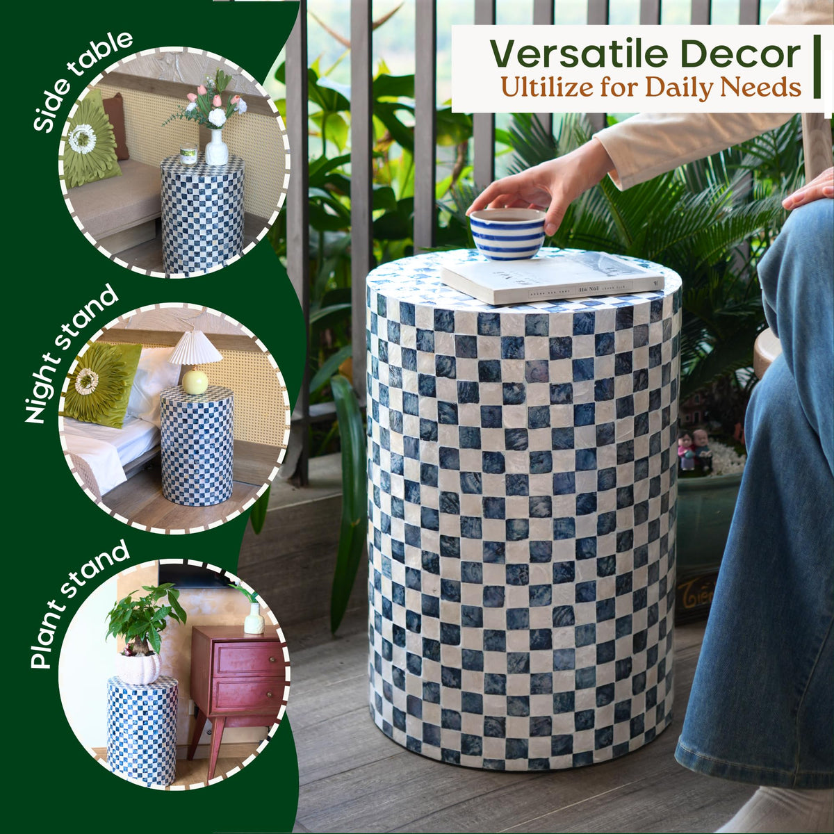 Checkered Capiz Drum Side Table
