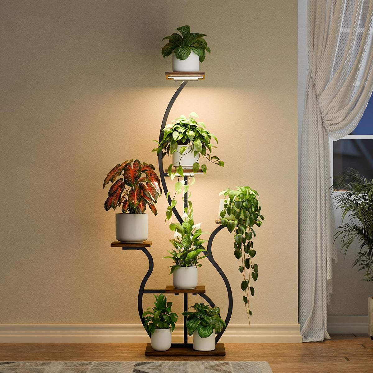 BACEKOLL Plant Stand with Grow Lights 6 Tier 55" S-Shaped Plant Shelf Black