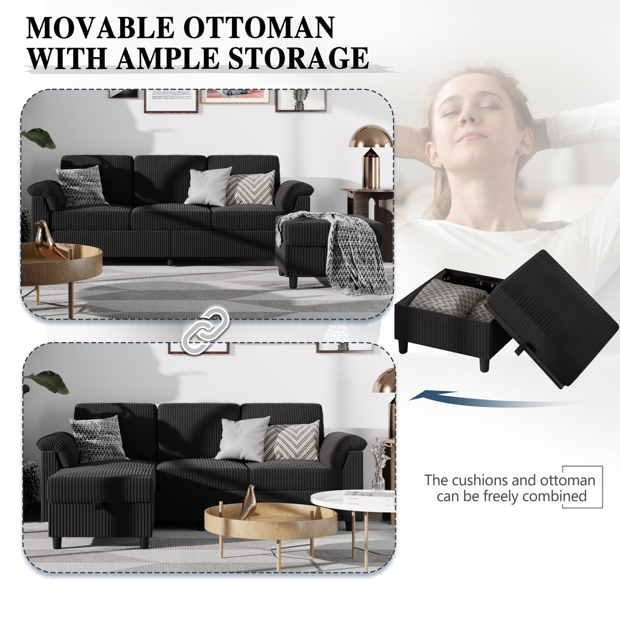 L-Shaped Sectional Sofa with Ottoman & Storage