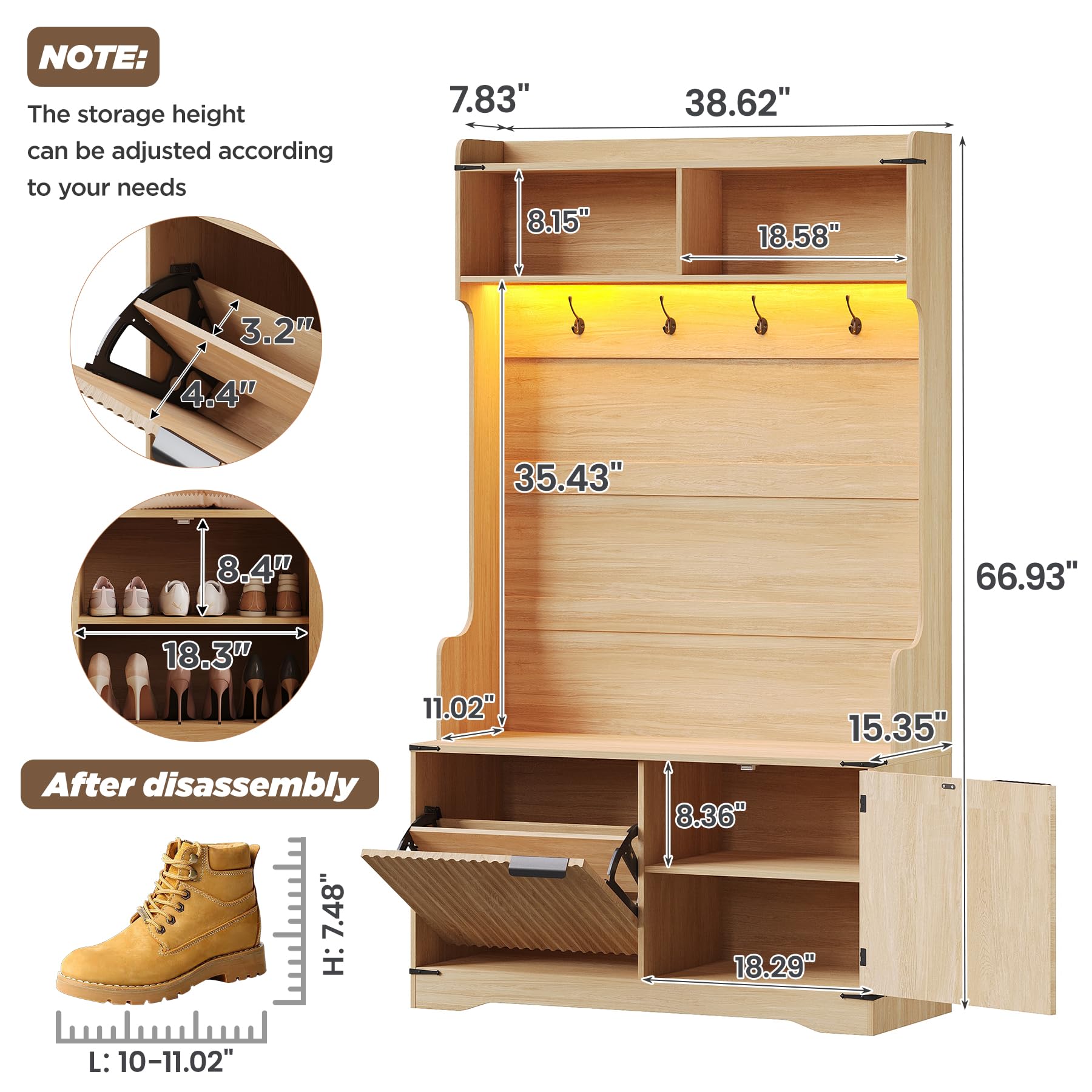 5-in-1 Farmhouse Hall Tree with Bench, Shoe Storage & LED Lights