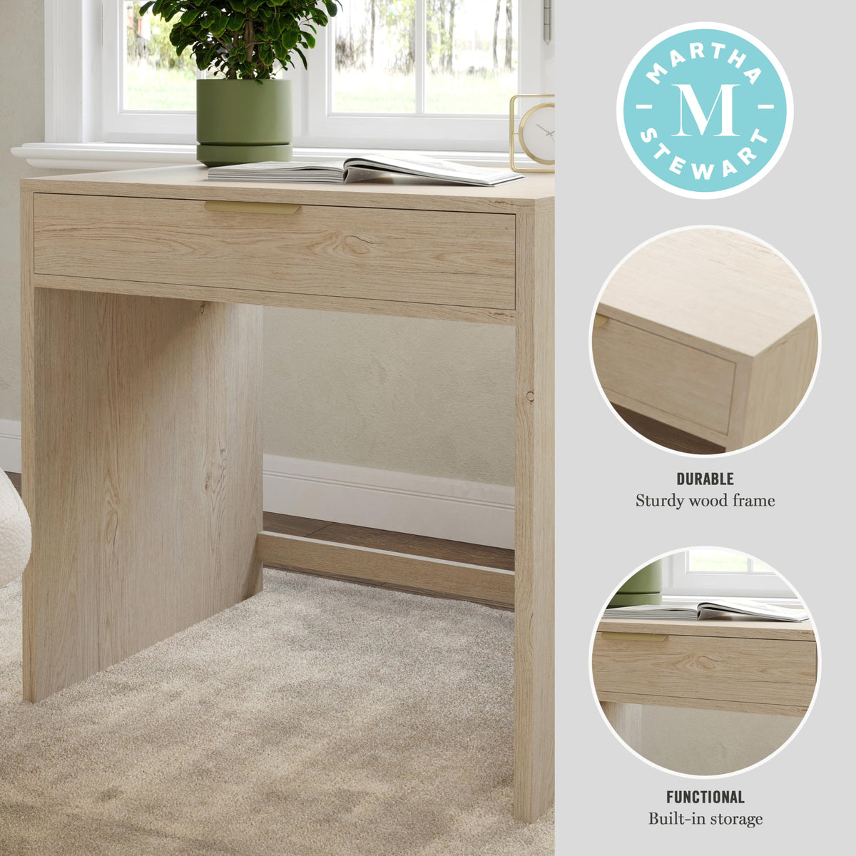 Martha Stewart Kayden Modular Single-Drawer Desk, Light Natural