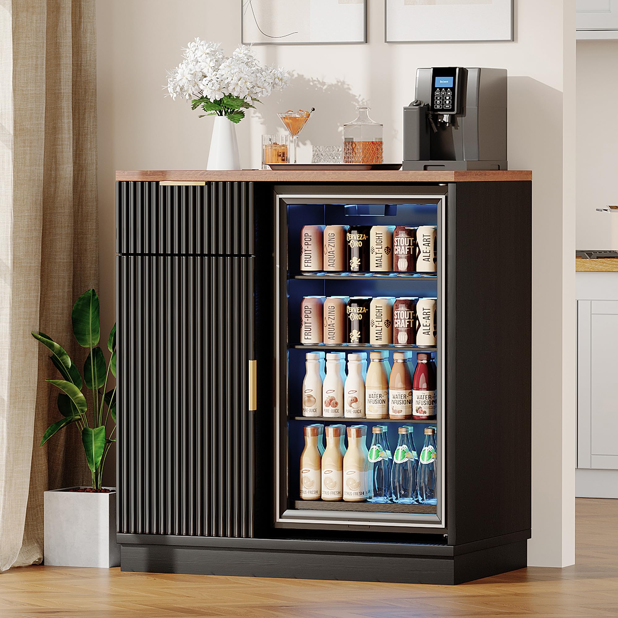 Naga Bahna Coffee Bar Cabinet with Fridge Space, Mini Fridge Cabinet with Power Outlet, Fluted Buffet Sideboard with Drawer & Adjustable Shelf for Home, Kitchen, Dining Room, Black