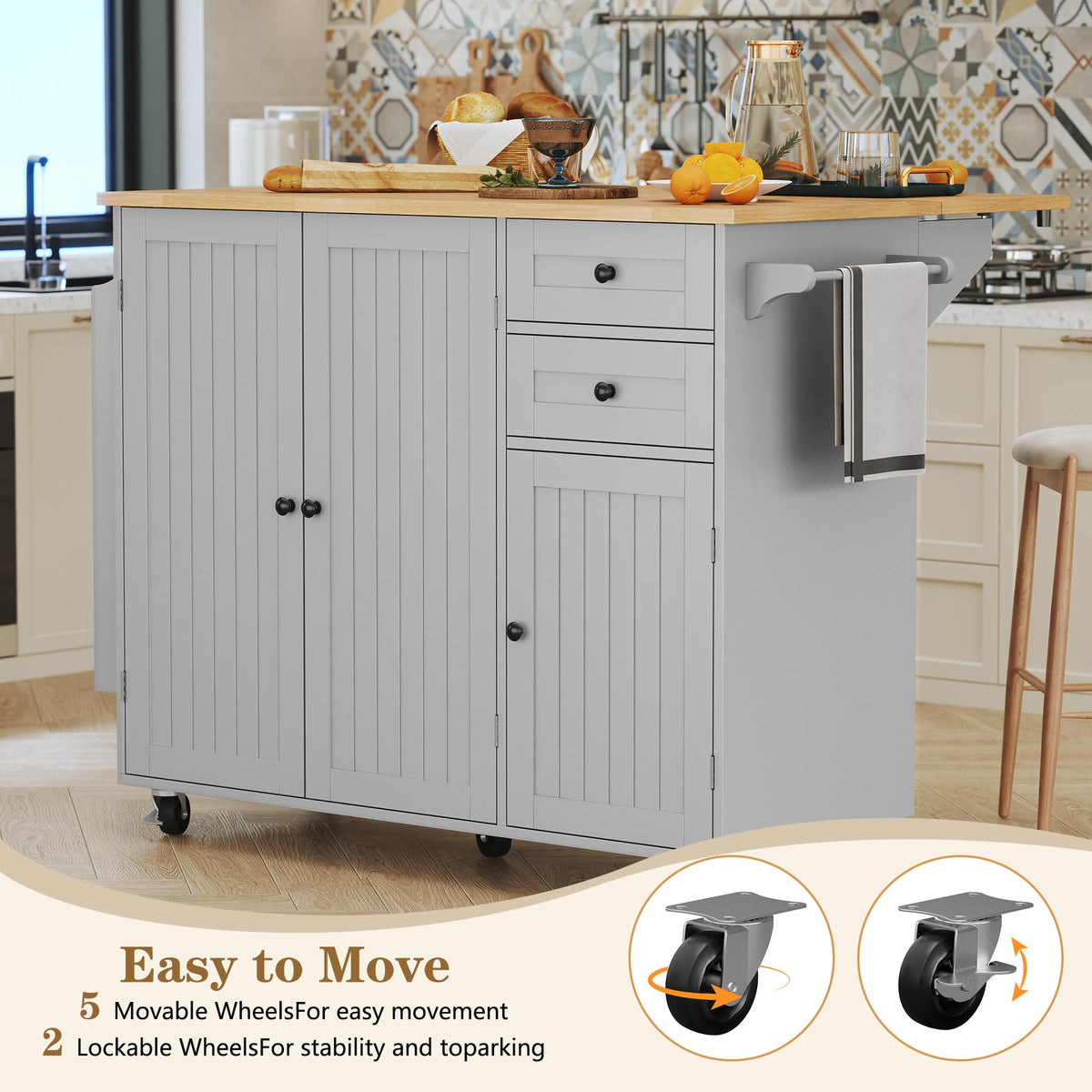 HLR Kitchen Island with Storage, Grey Rolling Kitchen Island on Wheels with Drop-Leaf Bar Countertop, Prep Table with Side Open Spice Rack and Tower Rack, Home Bar Carts with Storage