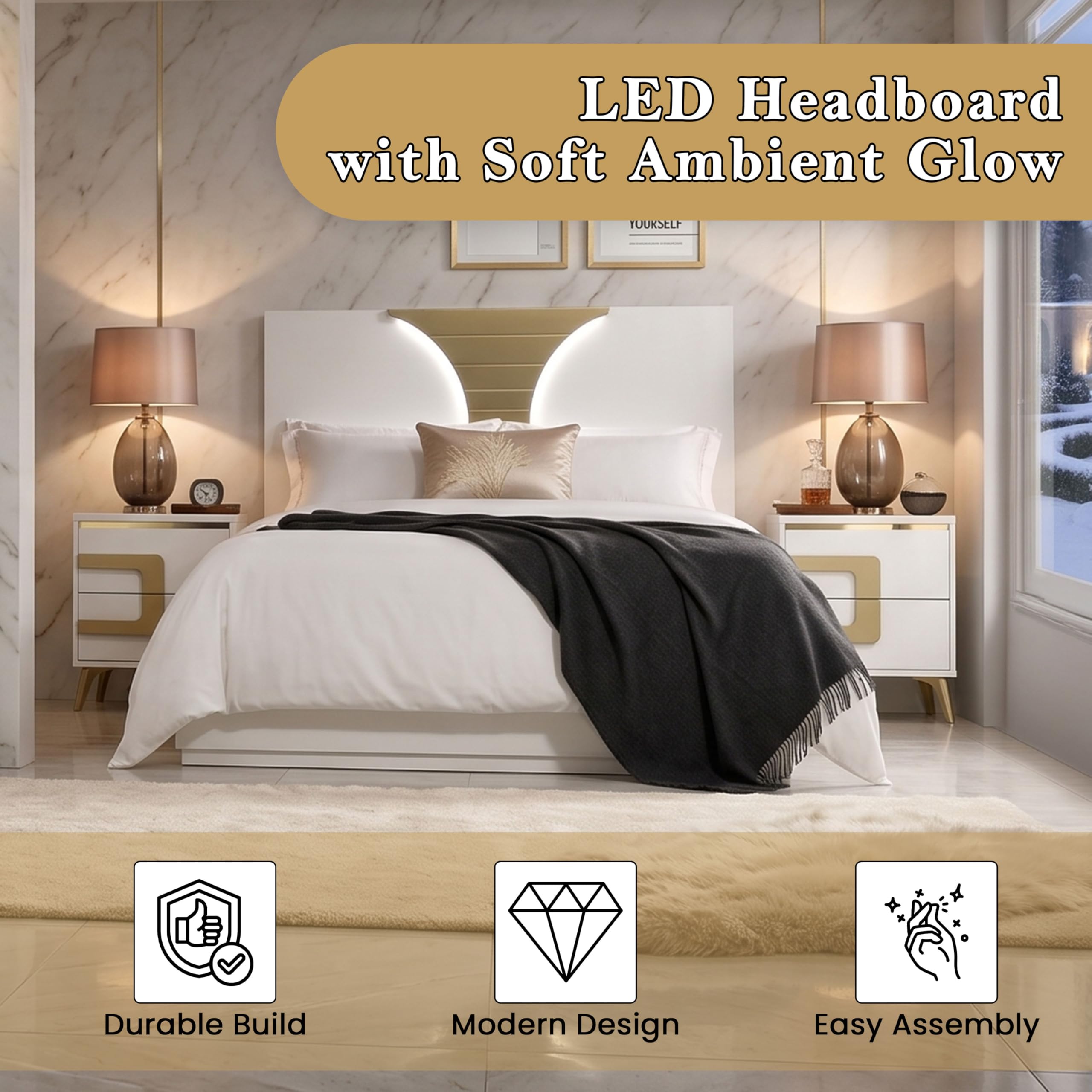 Claire 6-Piece Bedroom Set with LED Headboard – White & Gold