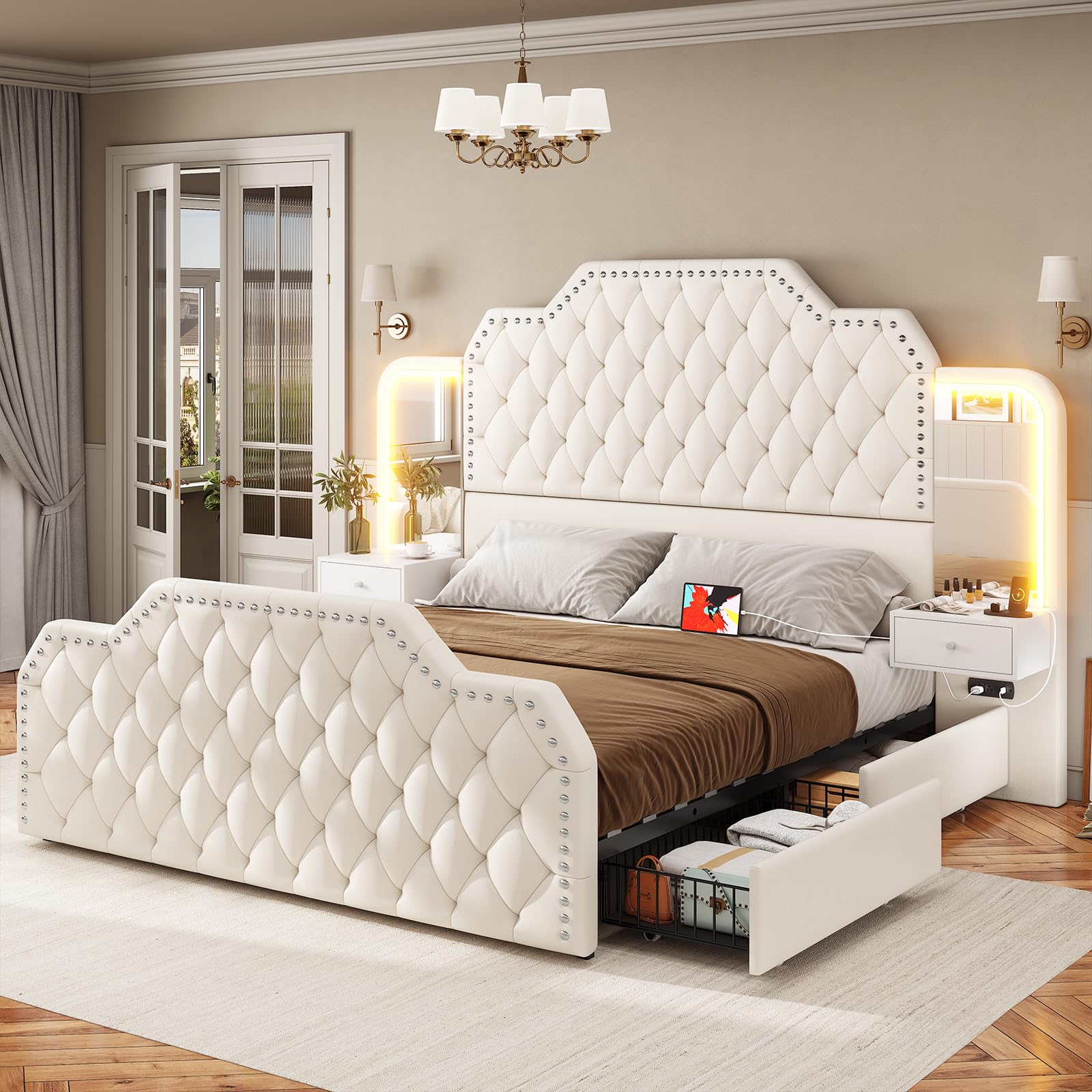 Queen Bed Frame with Storage Drawers, LED & Nightstands