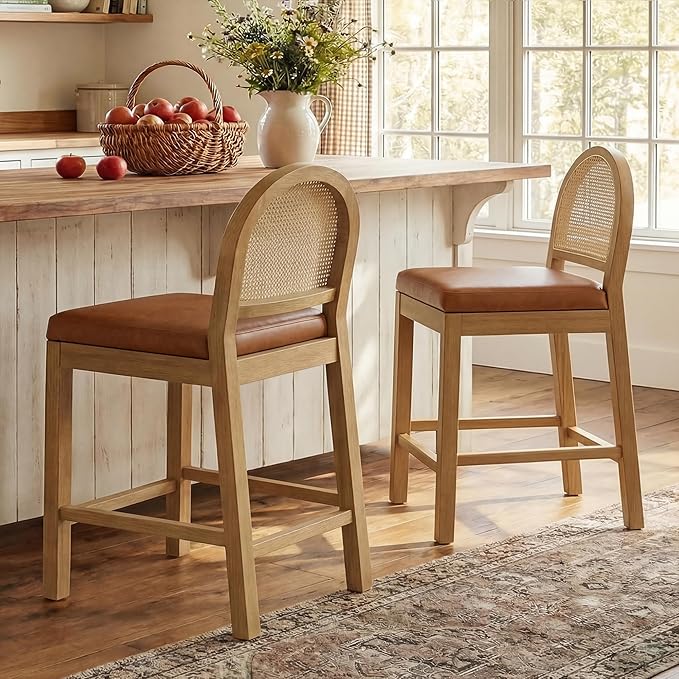 Rattan Bar Stools Set of 4 with Chenille Seat