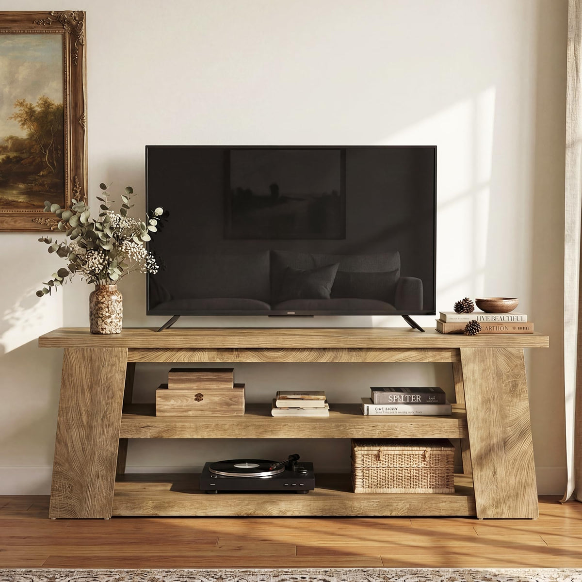 LITTLE TREE TV Stand with Storage for 65 Inch TV, Entertainment Center with Shelves, Modern Ladder Media Display Console for Living Room, Apartment, Brown