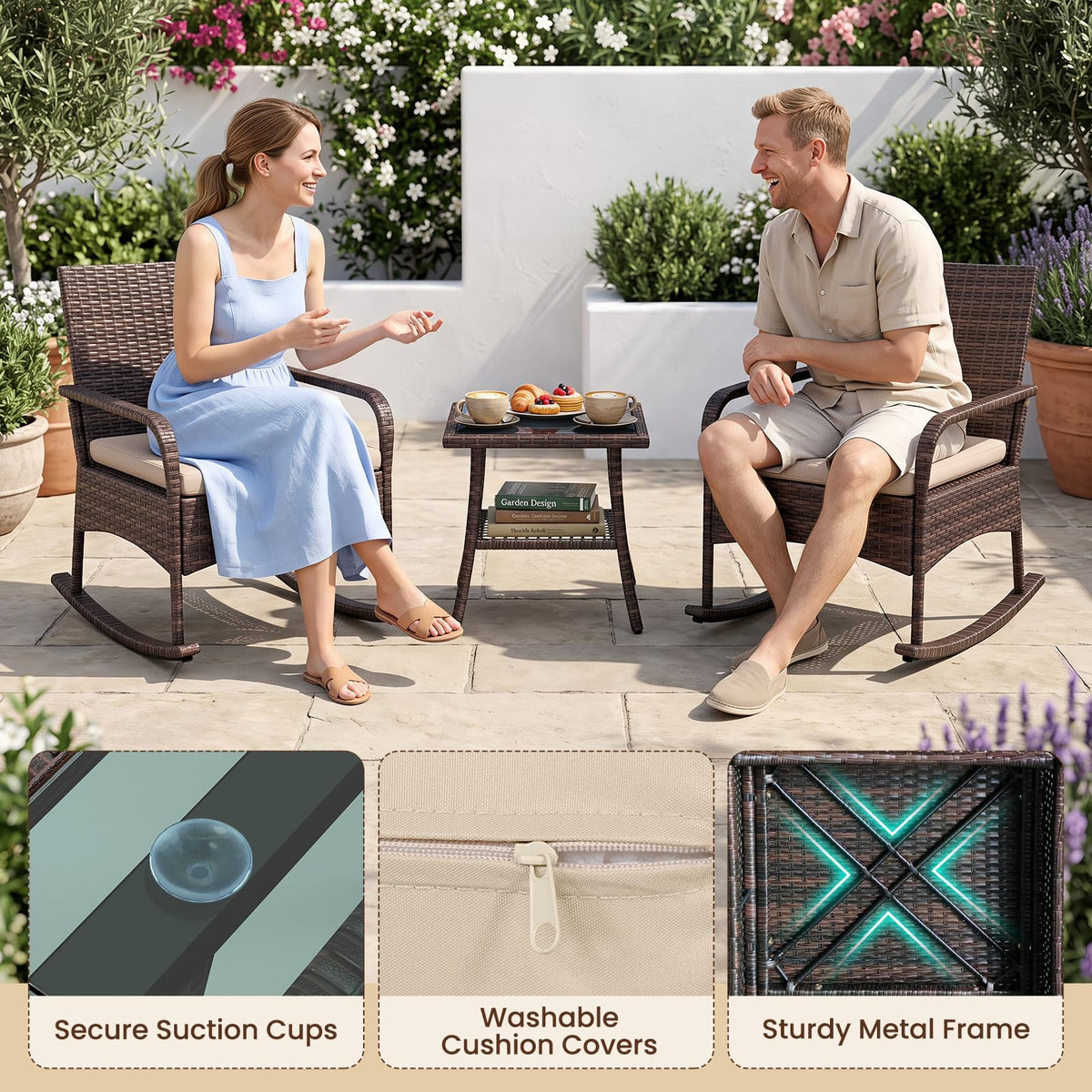 Tangkula 3-Piece Outdoor Wicker Rocking Bistro Set with 2-Tier Coffee Table
