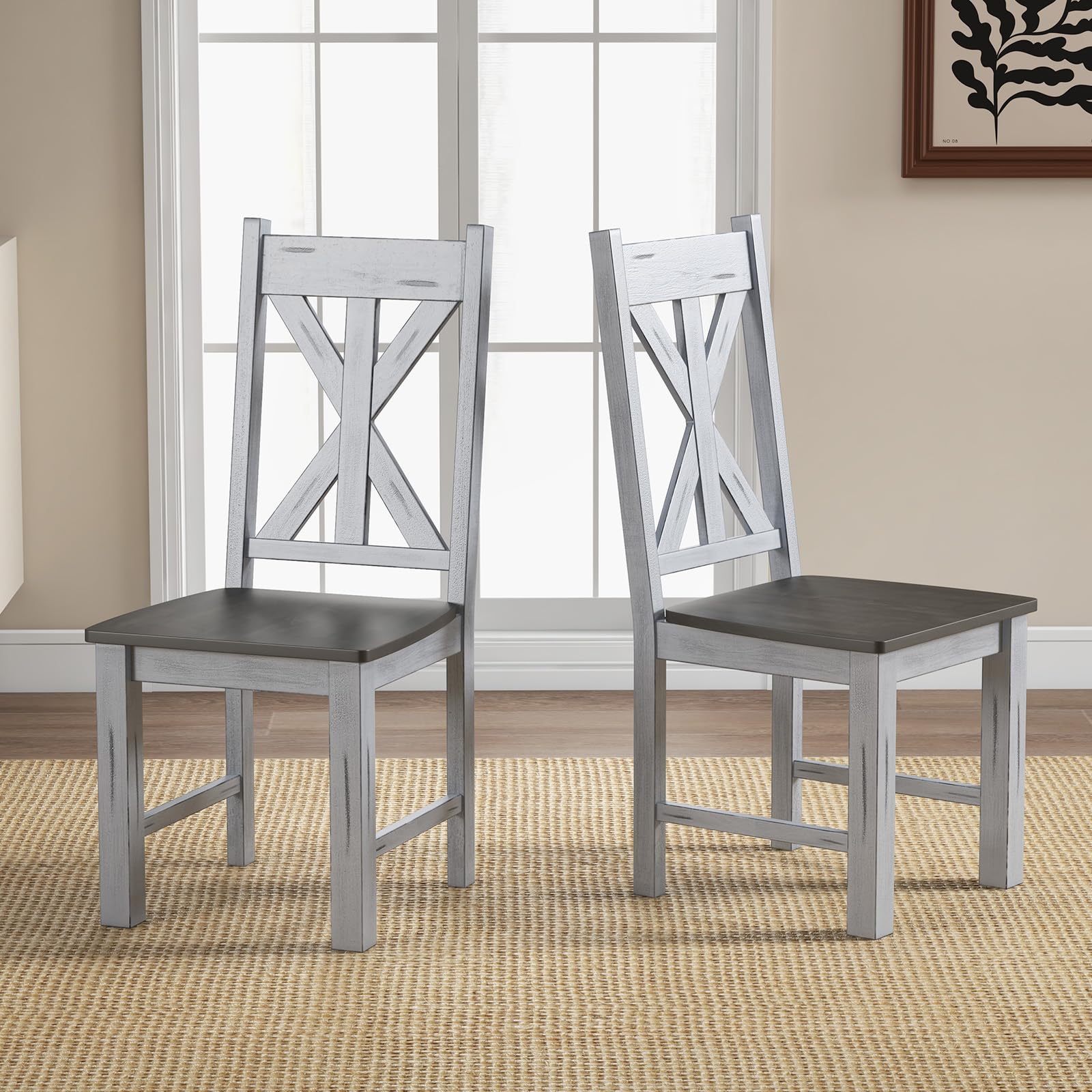 Rubber Wood Dining Chairs, Set of 4 – Hollowed High Back, Grey
