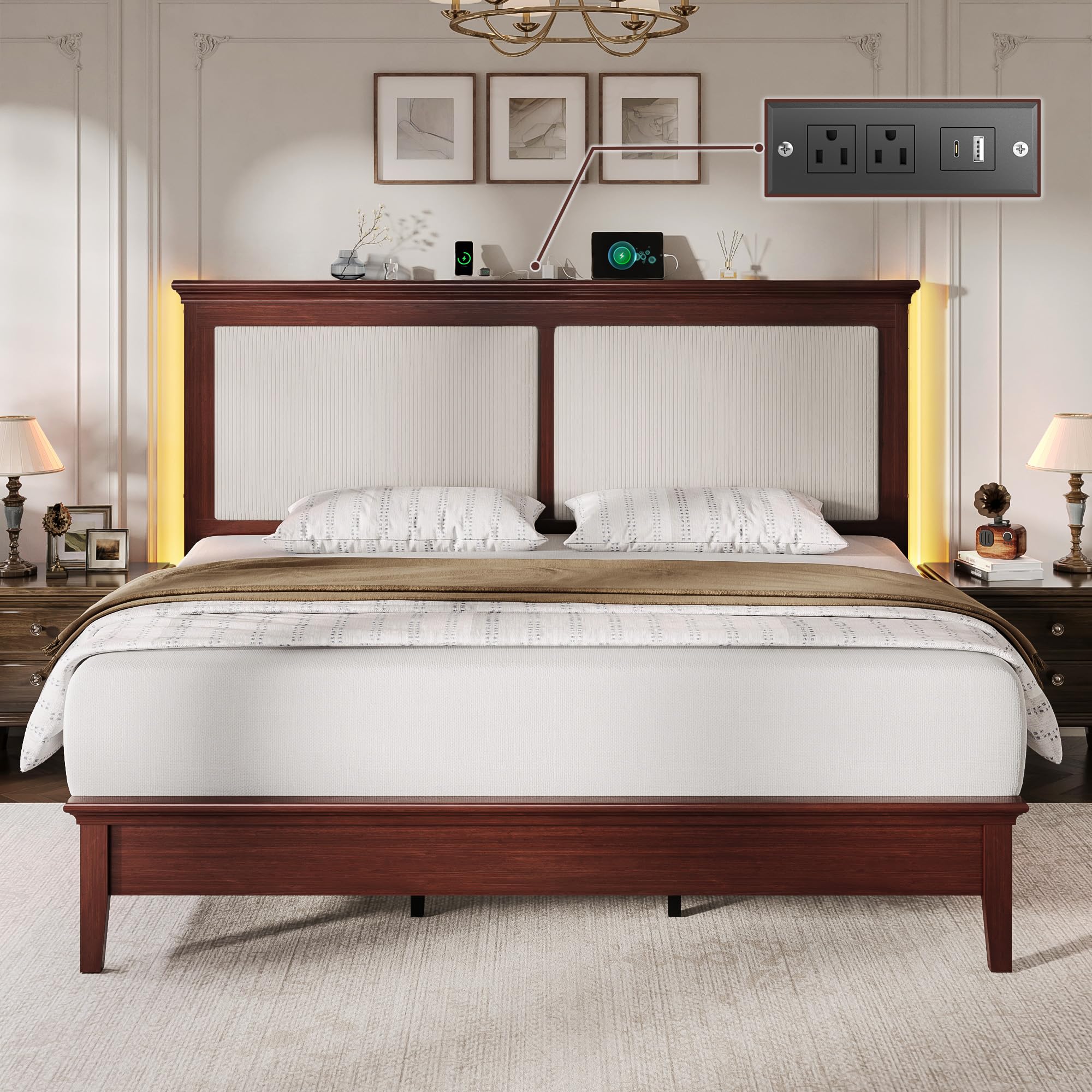 Lifezone Queen Bed Frame with Headboard, Solid Wood Bed Frame Queen Size with Charging Station & RGB LED, Wood Slats Support, Noise-Free, Sturdy Structure, Easy Assembly, Mahogany