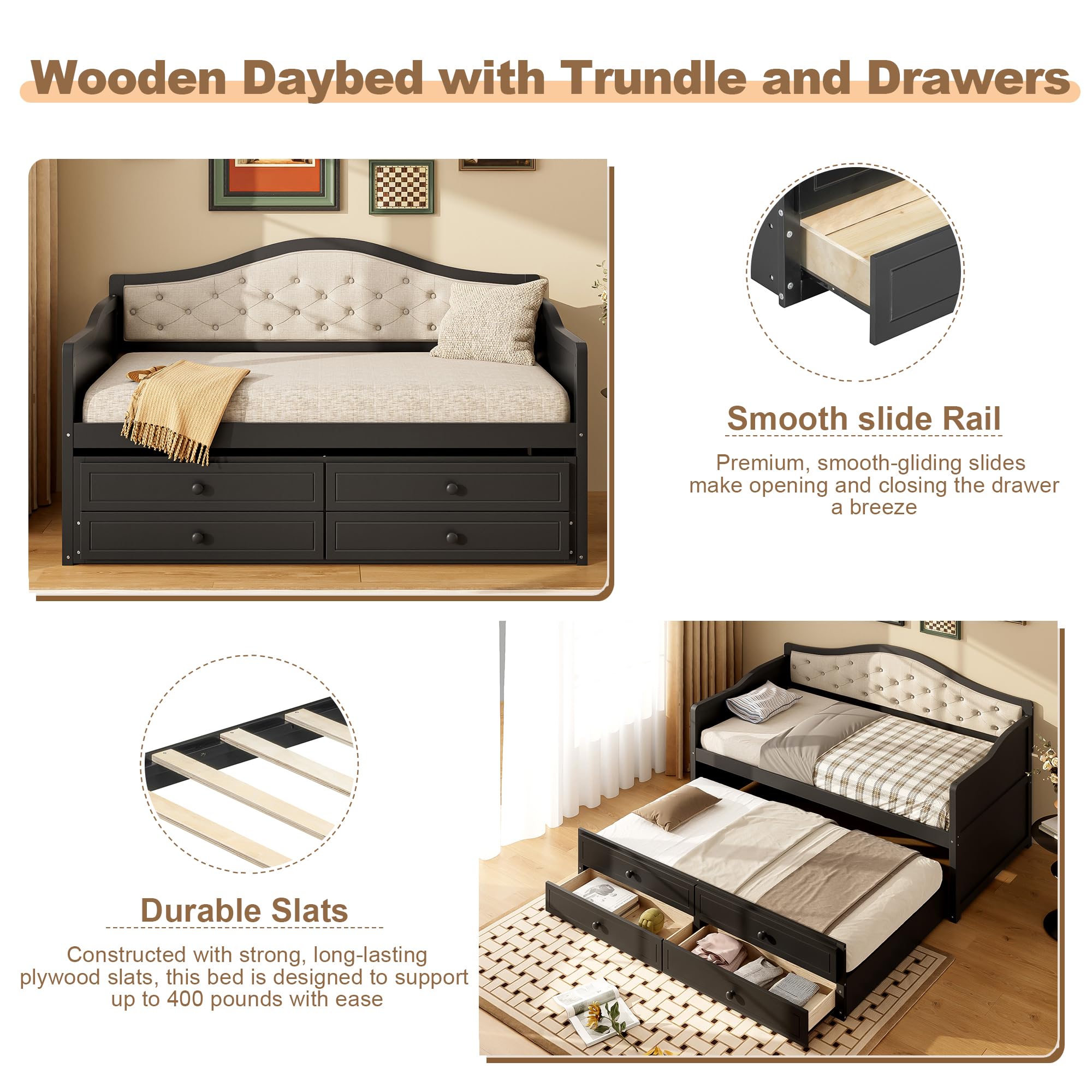 Bellemave Twin Size Daybed Frame with Trundle and Storage Drawers,Day Bed Frame Twin Size,Wood Daybed with Upholstered Button Tufted Backrest for Bedroom,Living Room,Black