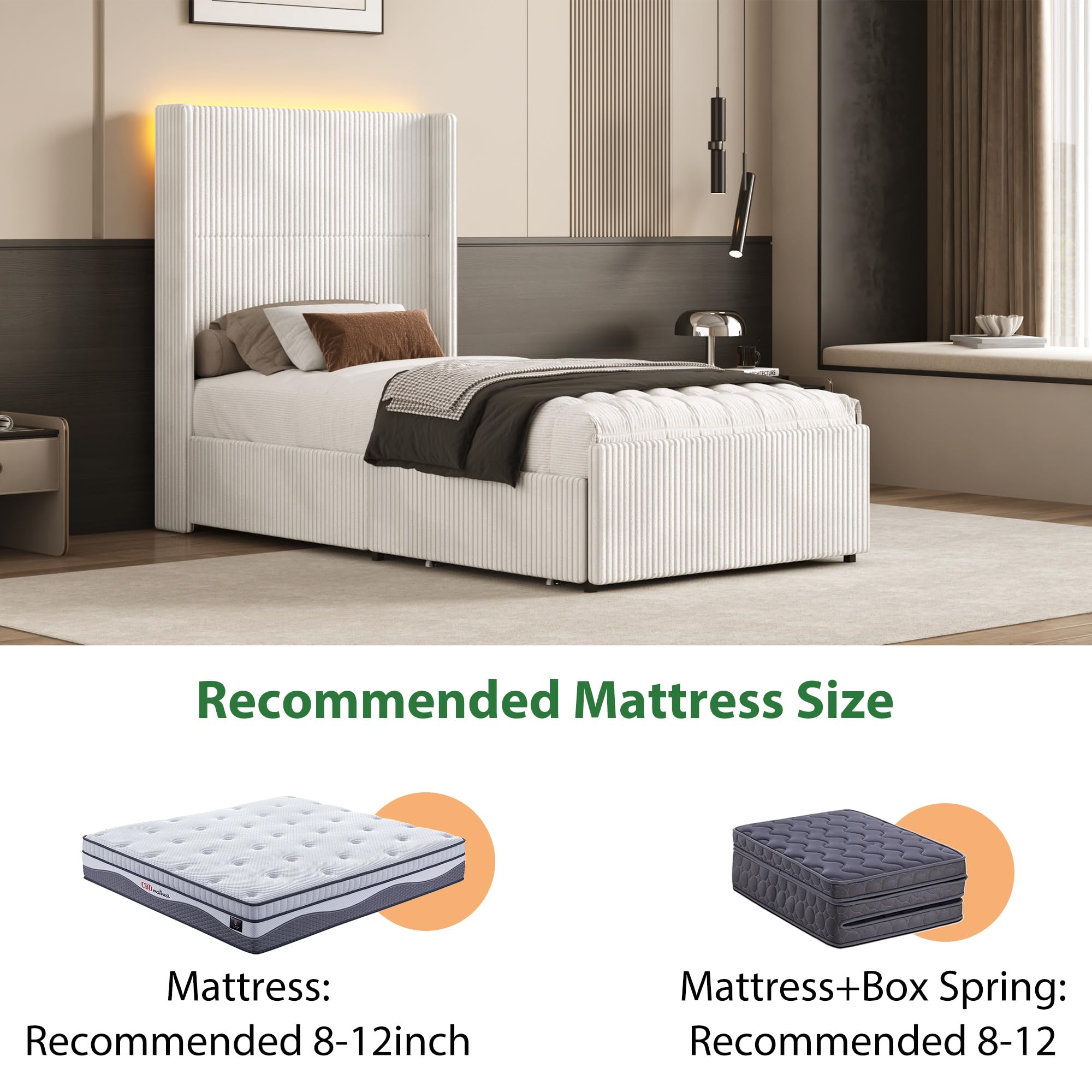 Hlivelood Twin Size Bed Frame with 52” Tall Corduroy Wingback Headboard, Upholstered Platform Bed with 2 Storage Drawers & LED Lights, Vertical Stripes, No Box Spring Needed, Noise-Free, Cream