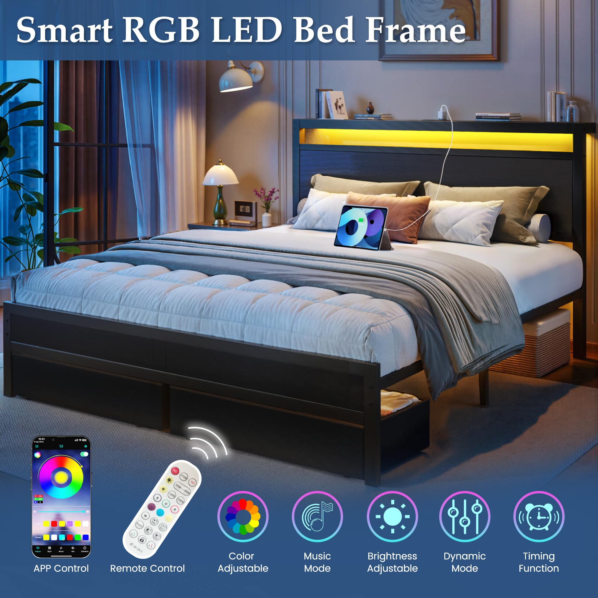 Queen Bed Frame with Storage Headboard & LED Lights