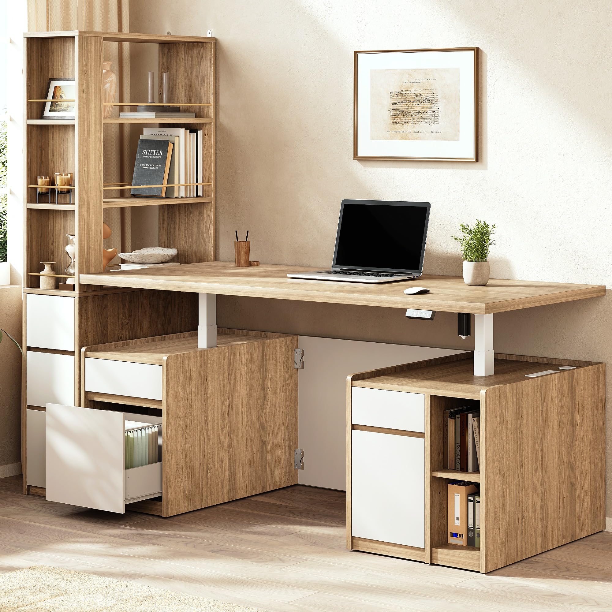 Electric Standing Desk & Tall Bookcase Home Office Set