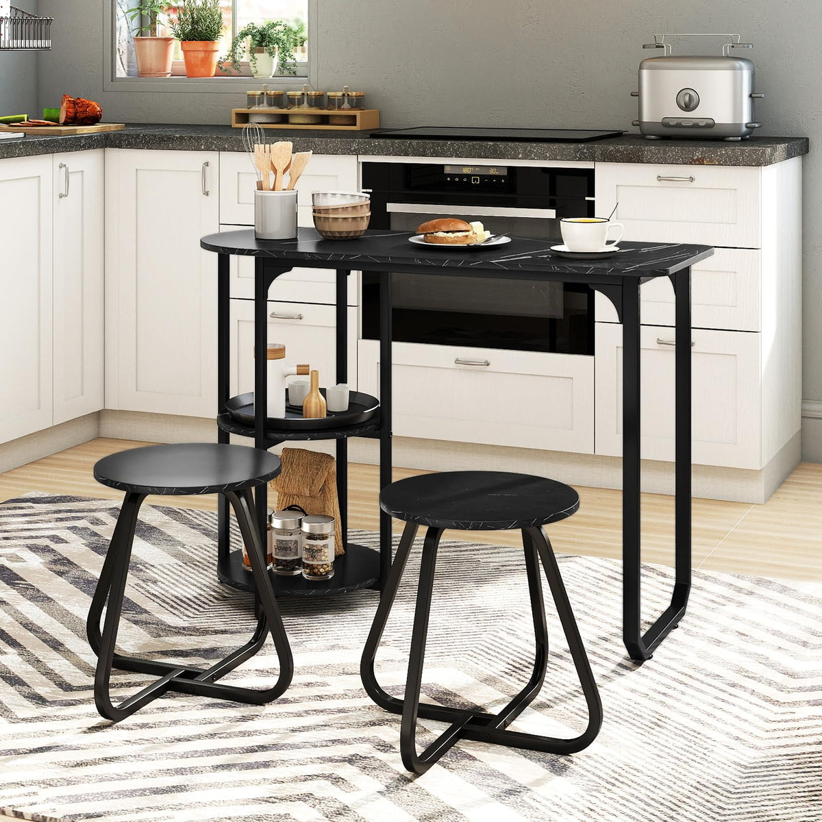 GOFLAME 3-Piece Dining Table Set, Modern Kitchen Table and 2 Stools with 2-Tier Storage Shelves and Metal Frame, Space Saving Wooden Dinette Set for Living Room, Breakfast Nook, Black