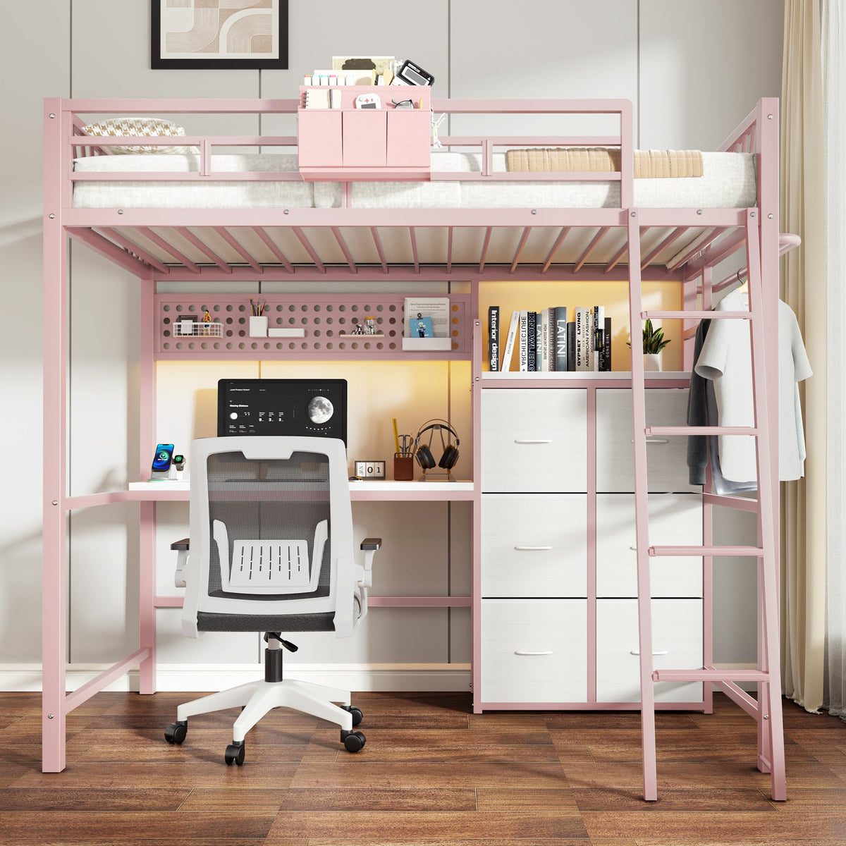 Twin Loft Bed with Desk and 6 Storage Drawers, Charging station & LED, Pink