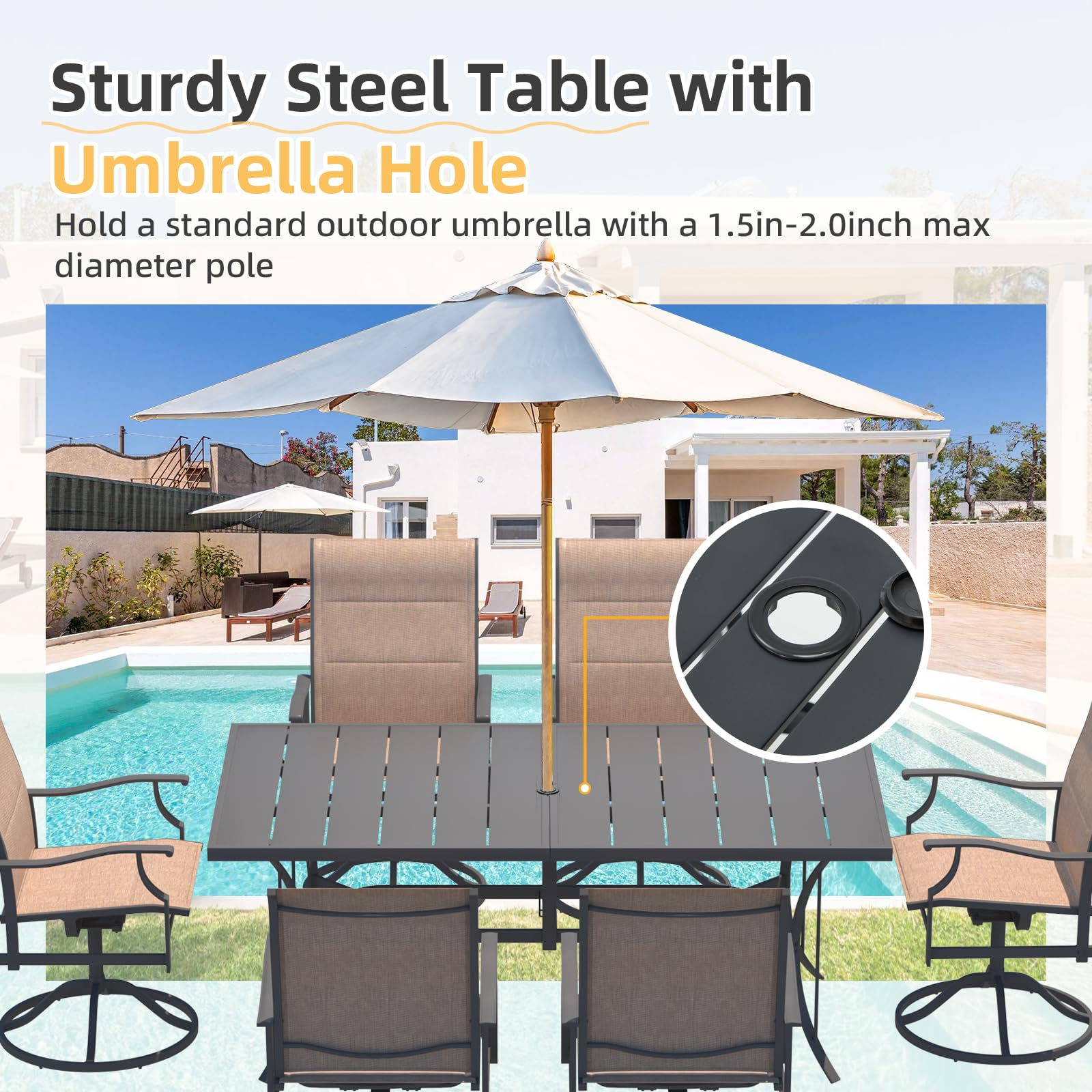 BUPPLEE Outdoor Patio Dining Set with 6 Swivel Chairs, Metal Table with Umbrella Hole, 7-Piece Patio Table and Chairs for Backyard, Poolside, Balcony and Garden (Brown)