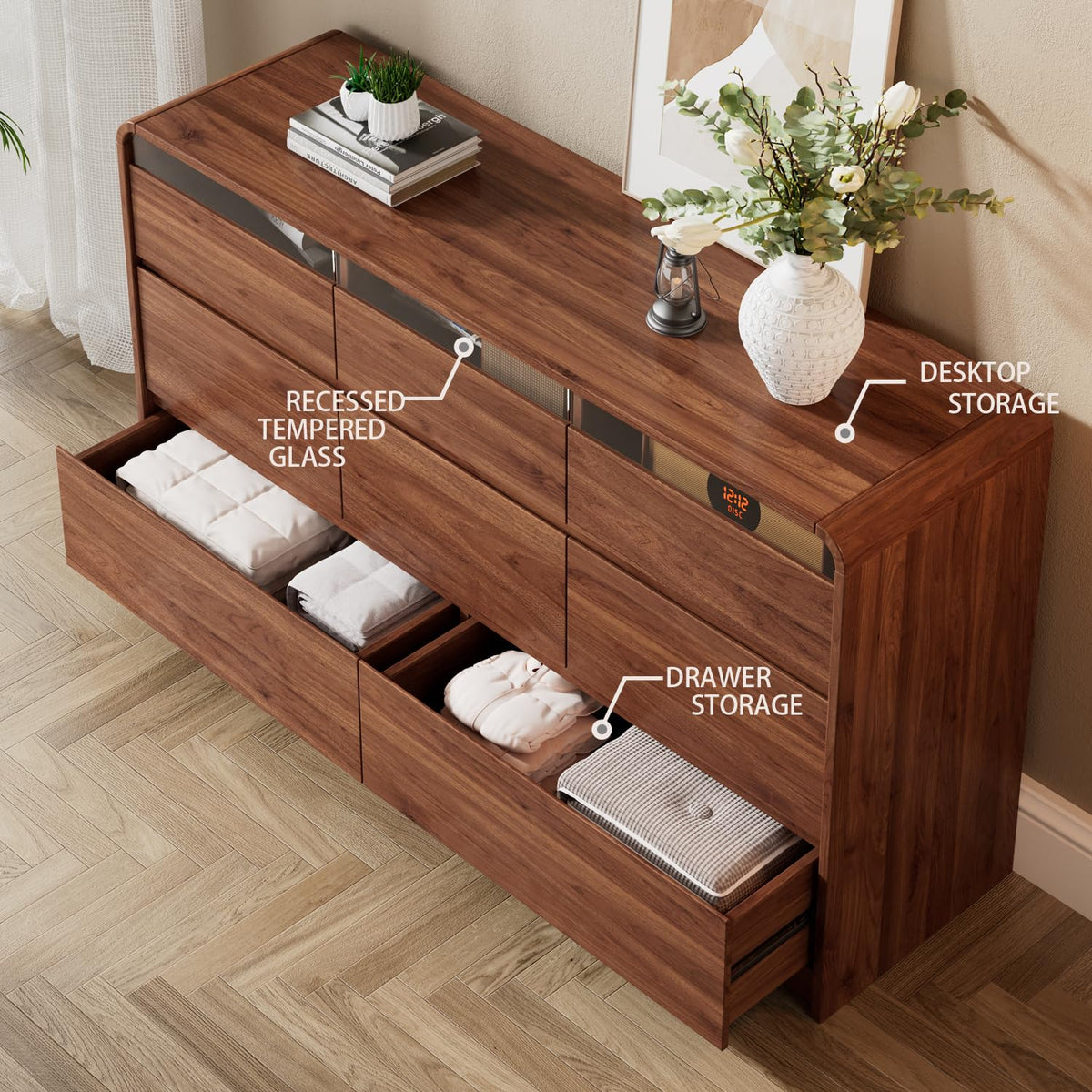 Ieejdn 47.2" Dresser with 6 Drawer, Wide Dresser with Recessed Glass Display & Silent Metal Rails, Handleless Chest of Drawers for Clothes, and Bedding, Walnut