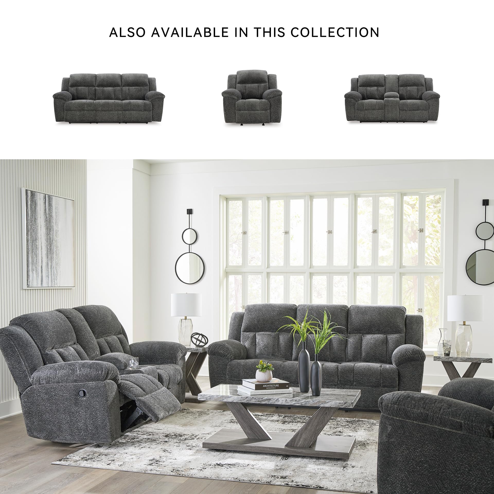 Signature Design by Ashley Frohn Contemporary Manual Reclining Loveseat with Console with Console, Storage and Cup Holders, Gray