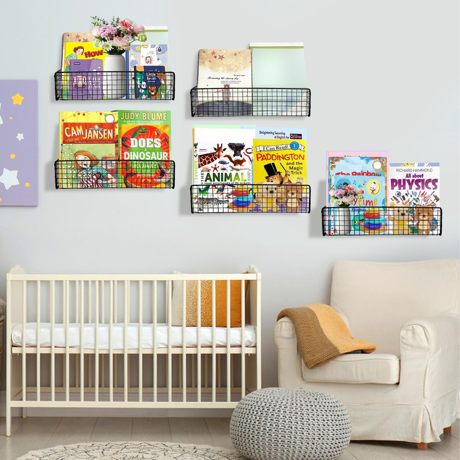 Wensdr 5-Pack Black Metal Wall Mounted Kids Bookshelf, Modern Style, 5 Shelves, Hanging Book Shelf Organizer for Kids Room, Bedroom, Kitchen, Nursery