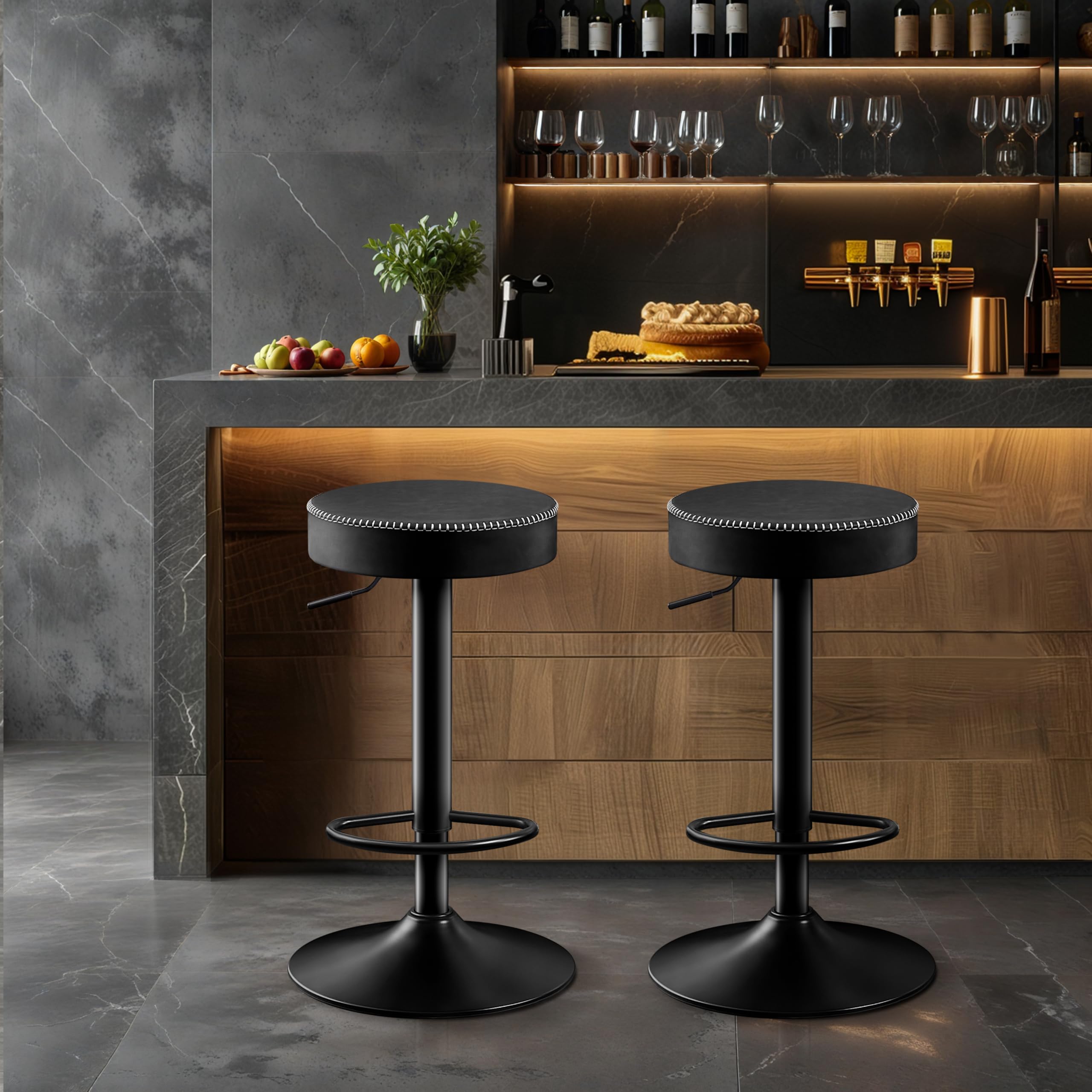 STOOLINK Swivel Bar Stools Set of 2 Black Microfiber Leather Counter Height Bar Stools with Round Seat Adjustable Backless Barstools Modern Tall Bar Chairs for Kitchen Island (24-33 Inch,330lbs)