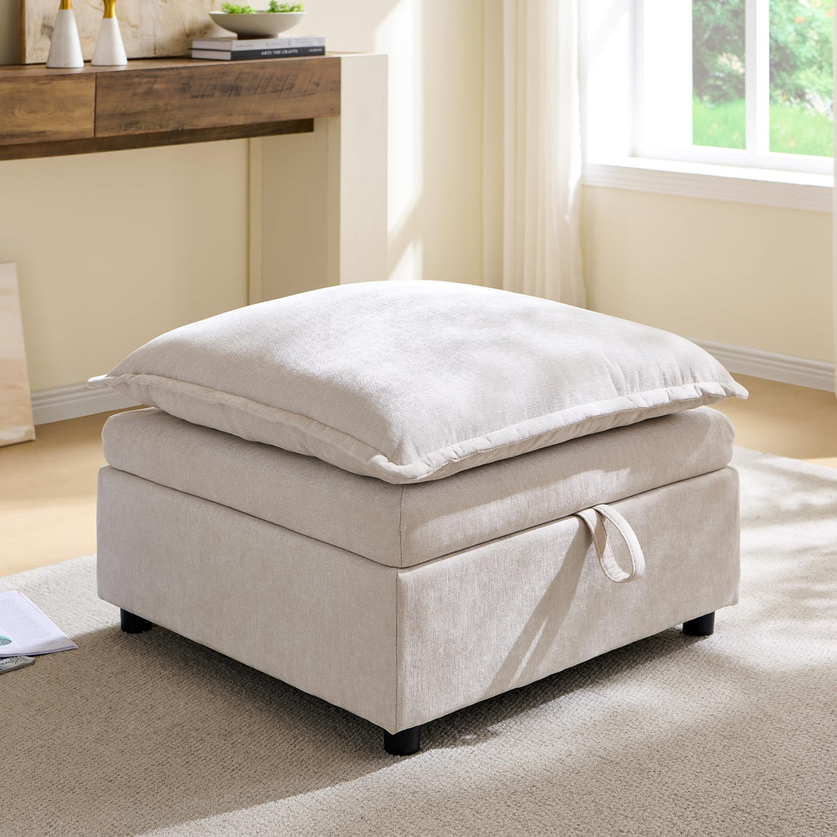 ALLTUFO Chenille Upholstered Rectangle Ottoman for Modular Sectional Cloud Couch, Foot Stool, Faux Wood Feet, Durable Frame, Modular Sectional Couch Add Ons for Living Room, Bedroom, Beige