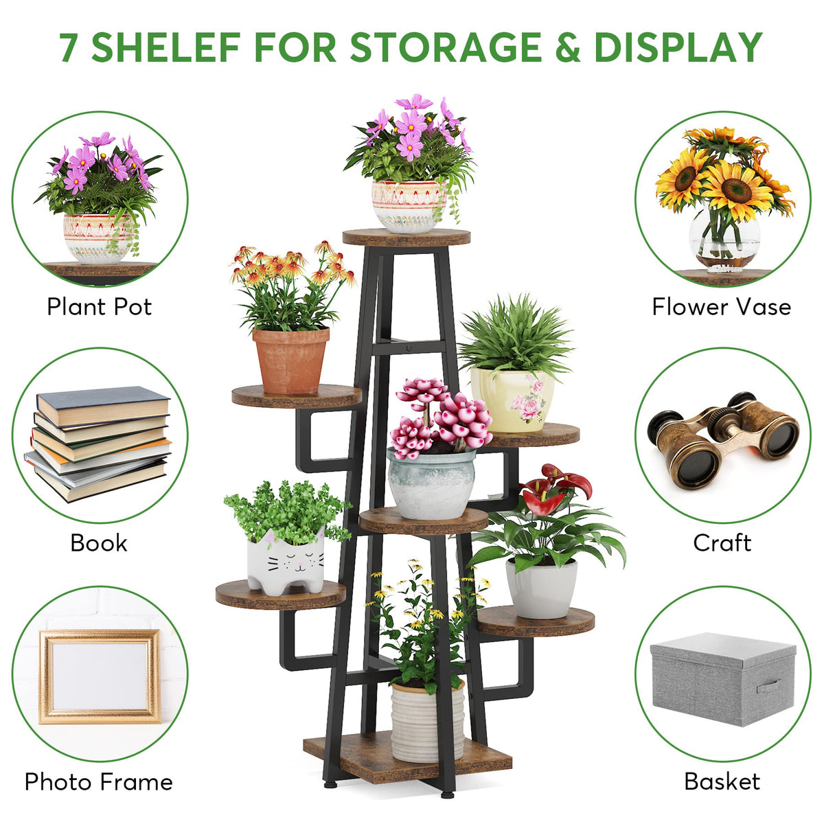 LITTLE TREE 7 Tier Plant Stand Indoor Tall Plant Shelf Corner Plant Pots Holder Rack Flower Stand for Living Room Balcony Garden, Rustic Brown