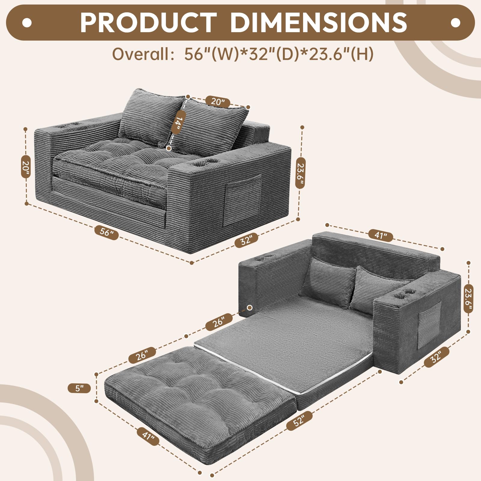 Convertible Loveseat Sofa Bed with Cup Holders